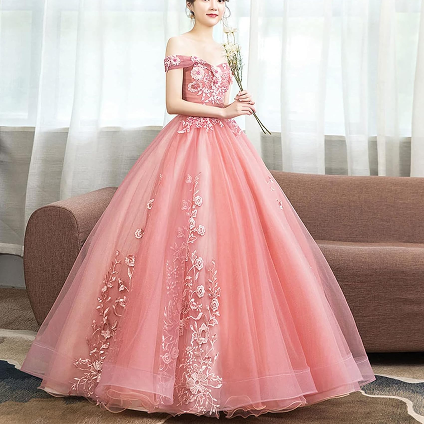 DJFOG Damen-Abendkleid, eine Schulter, Elegantes Tüll-Ballkleid mit Applikationen, Maxi-Party-Hochzeitskleider, langes, perlenbesetztes Party-Bankett-Kleid
