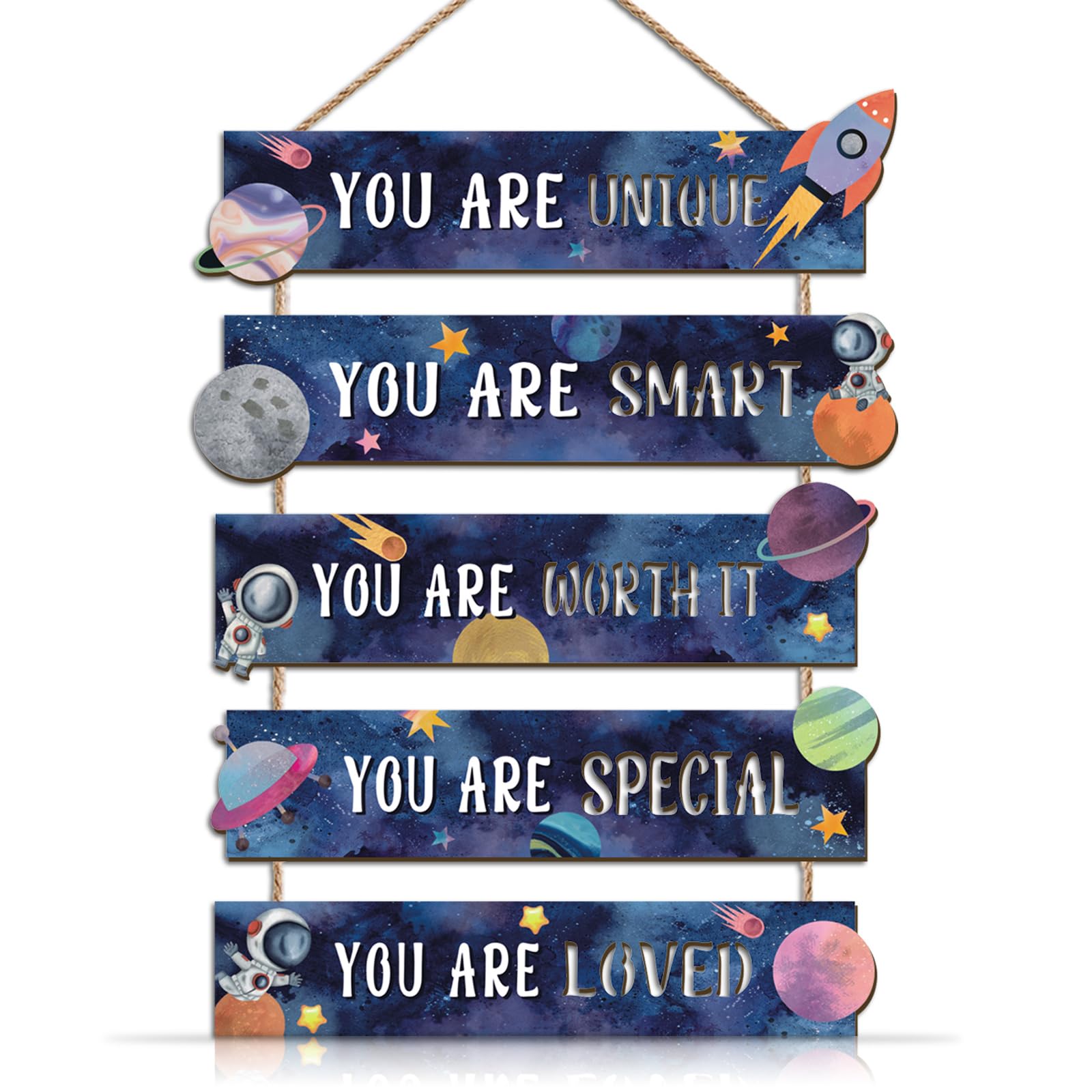 CHDITB Space Positive Affirmations Hanging Wooden Wall Art Astronaut Planet Motivational Quotes Wall Plaque You Are Loved Hanging Ornament for Nursery Playroom Game Room Boy's Bedroom Decor