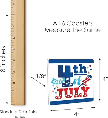 Miniatura 6 de Big Dot of Happiness Firecracker 4 de julio, divertidas decoraciones de fiesta en rojo, blanco y azul real, posavasos para bebidas, juego de 6