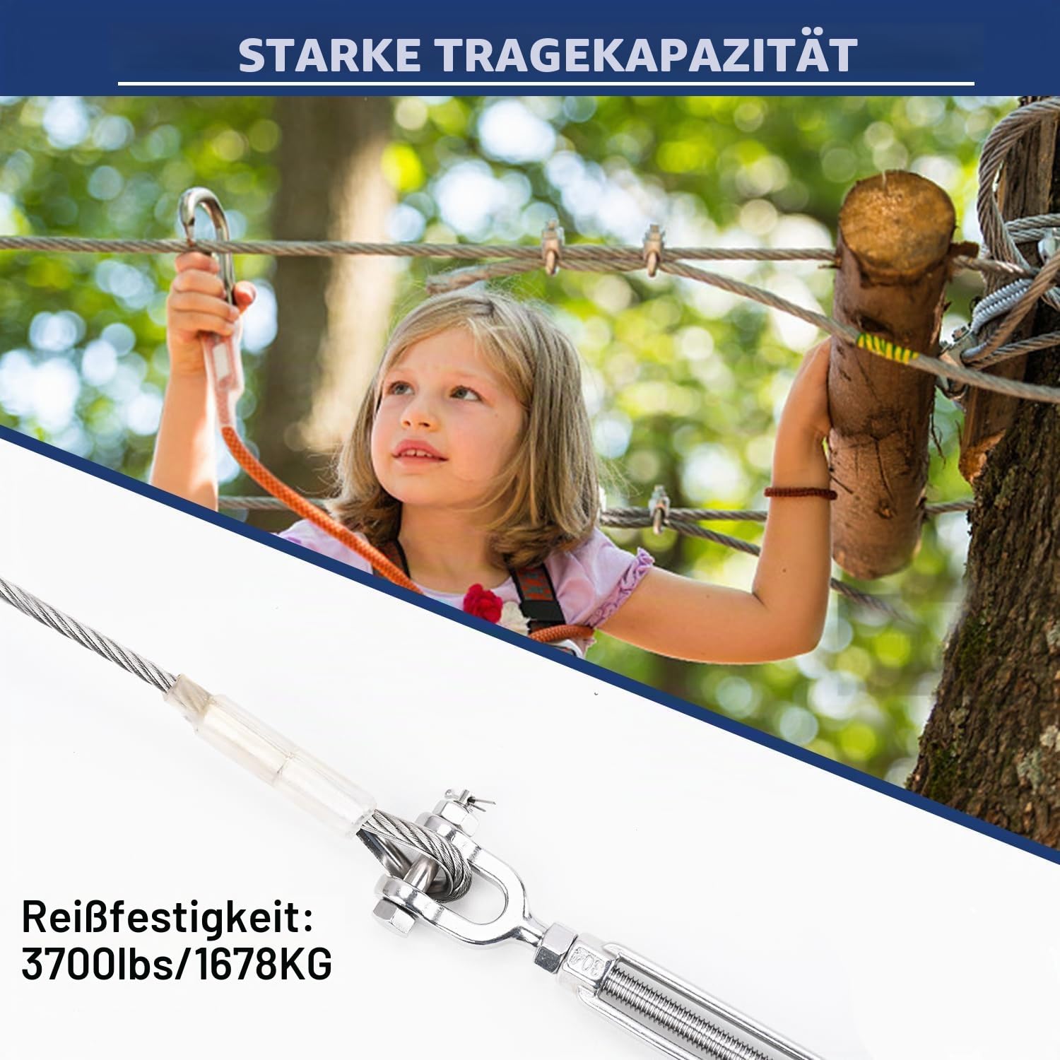 Drahtseil 5mm, 7,6M, 7x19 Litzenkern 304 Edelstahl Stahlseil mit Ösen, 1600kg Bruchfestigkeit, Drahtseil Set für Außen, Garten, Geländer