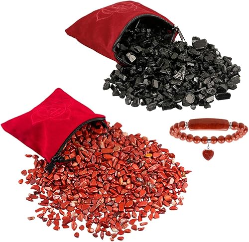 Miniatura 1 de Sunyik - Paquete de 2 piedras de turmalina negra y jaspe rojo con cuentas de piedra, almohada de cristal de chakra de raíz para curación Reiki, 0.5
