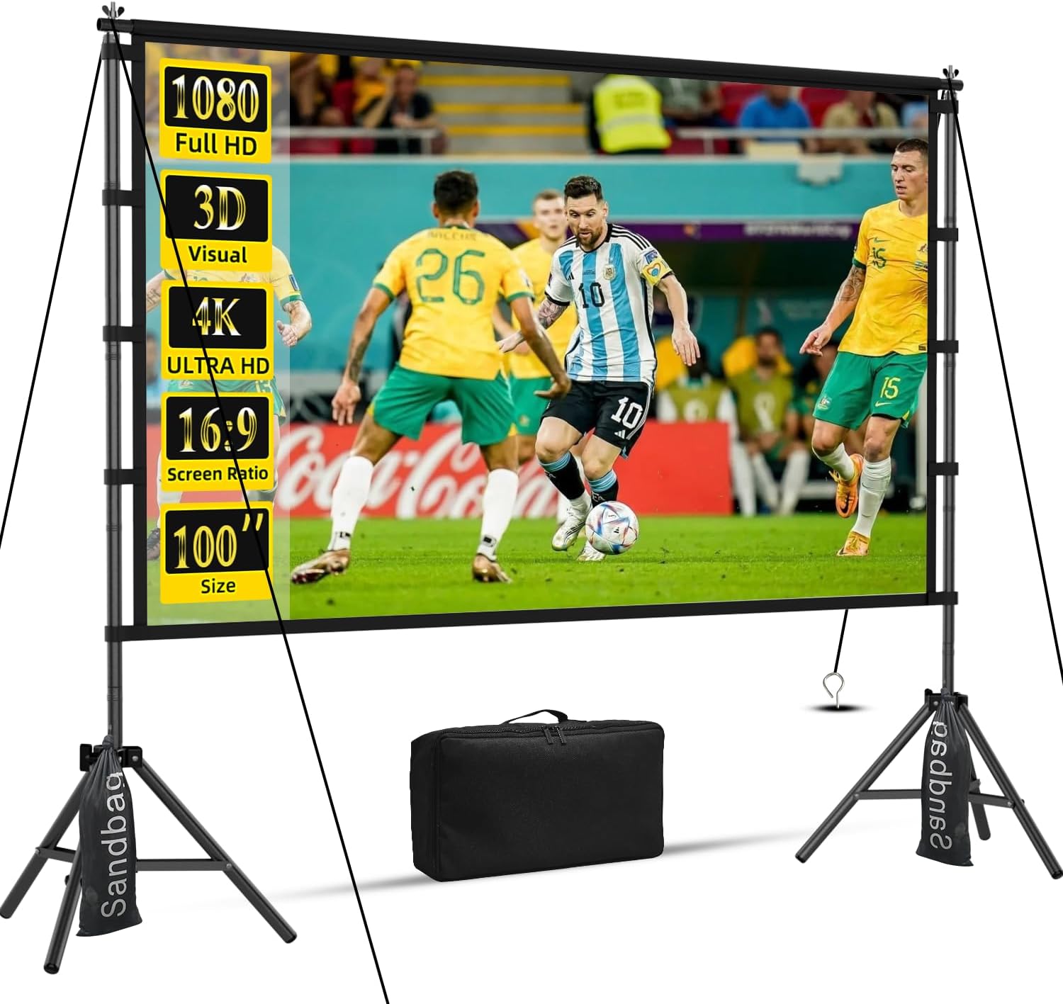100inch Projector Screen and Stand,Outdoor and Indoor Projection Screen,16:9 4K HD Rear Front Movie Screen Portable with Carry Bag Wrinkle-Free Design for Home Theater 100inch