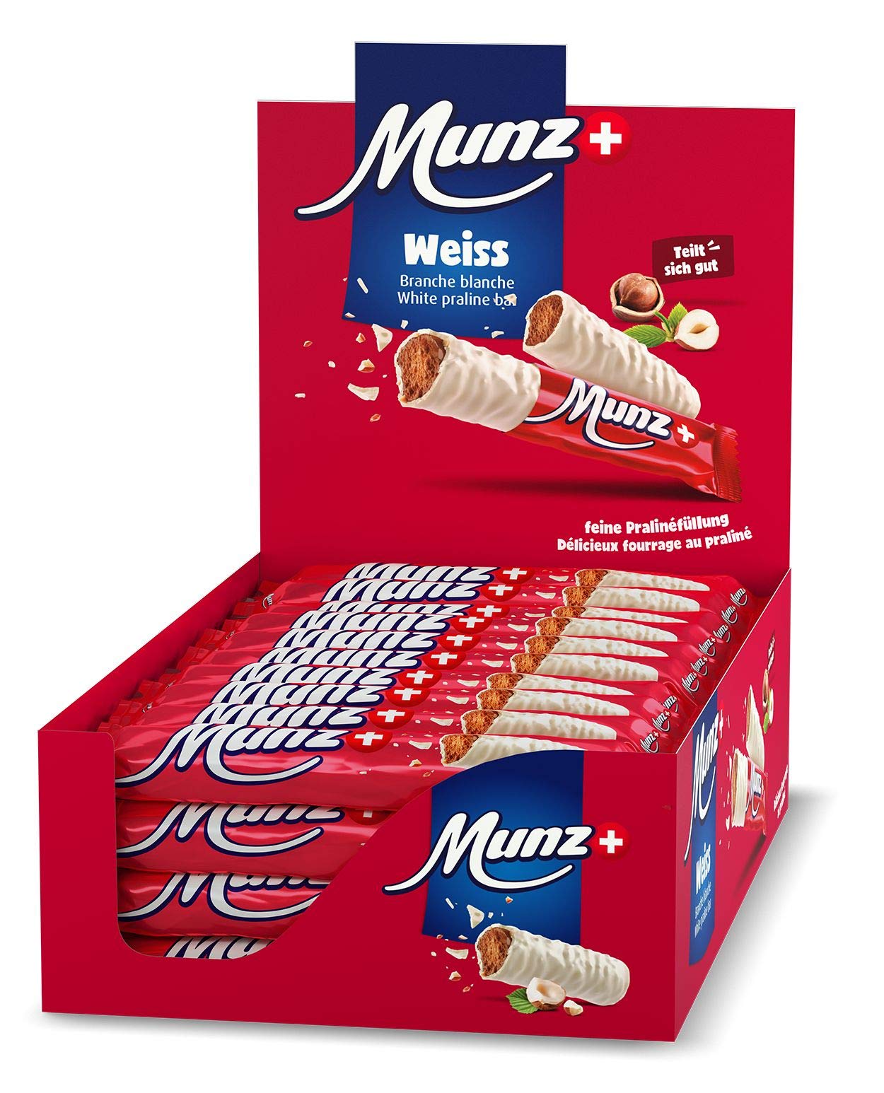 Munz Schweizer Prügeli (Branches) | Weiß | 40 Stück im Display - 1,84kg | glutenfrei, Schokoriegel, Munz Schweizer Schokolade, perfekter Pausensnack, ideal für Unterwegs