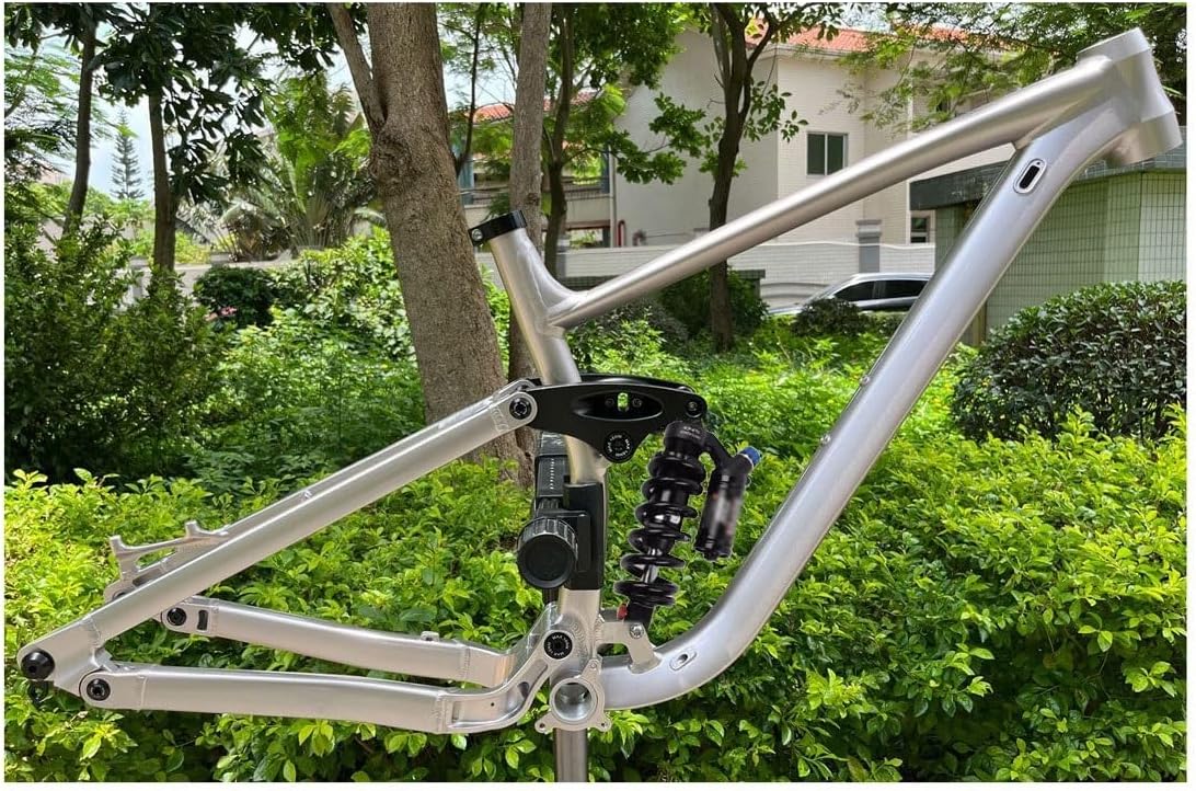 27.5/29er Bike Suspension Frame Travel 155mm 15.5''/17''/18'' Downhill Mountain Bike Frame Disc Brake Thru Axle Boost Frame with Shocks(Black,17'')