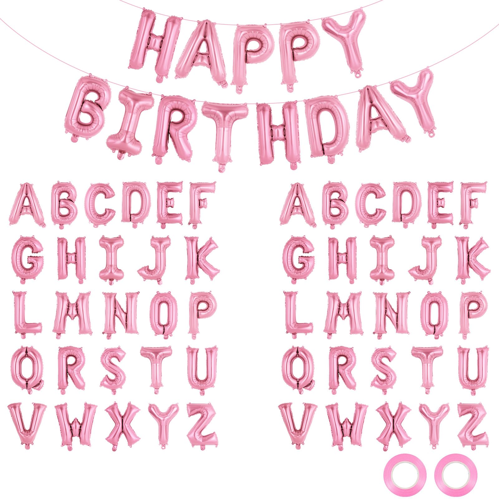 65 Pcs Pink Happy Birthday Balloons and 2 Sets A-Z Letters Foil Balloons, 16 Inch Personalized Name Happy Birthday Banners for Wedding Baby Shower