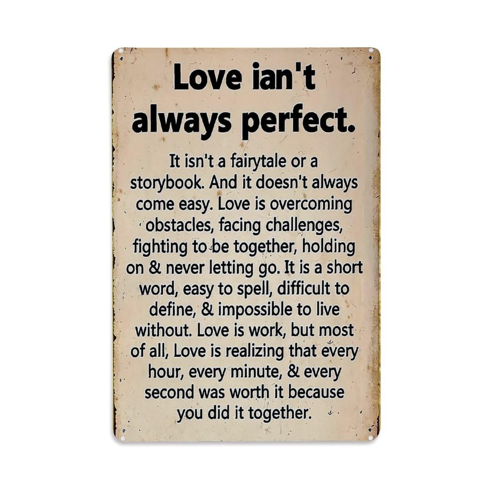 Jdyaojiesheng Vintage Love Is Not Perfect It Is Work Together Forever Facing Challenges Holding On Tin Sign Retro Metal Wall Decor Metal Poster, Home Bar Garage Farmhouse Cafe Wall Art Decoration 8X12inches