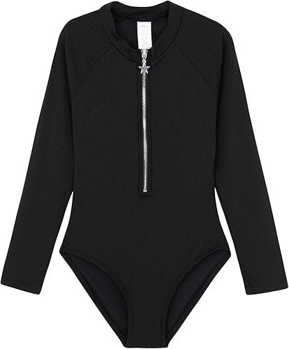 Gottex Kids Girls Summer Rib Textured Long Sleeve Zip Front One Piece Swimsuit Built-in 50+ UPF UV Protection Swimwear