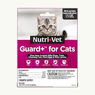 Nutri-Vet Guard+ for Cats, Flea and Tick Prevention Spot On Drops, Topical Treatment for Cats 1.5 lbs and Up, Kitten Essentials, Waterproof Formula, 3 Monthly Doses, 90 Days of Protection