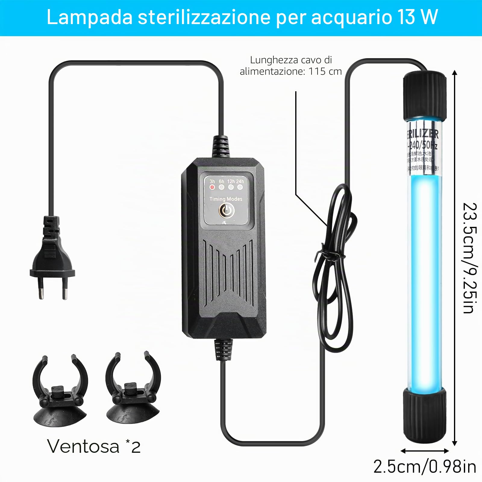 Luce sterilizzatrice UV per acquari, chiarificatore d'acqua da 13 W, con timer, lampada subacquea UV, impermeabile, luce UV sterilizzatore, luce UV immersibile, per acquari, laghetti da