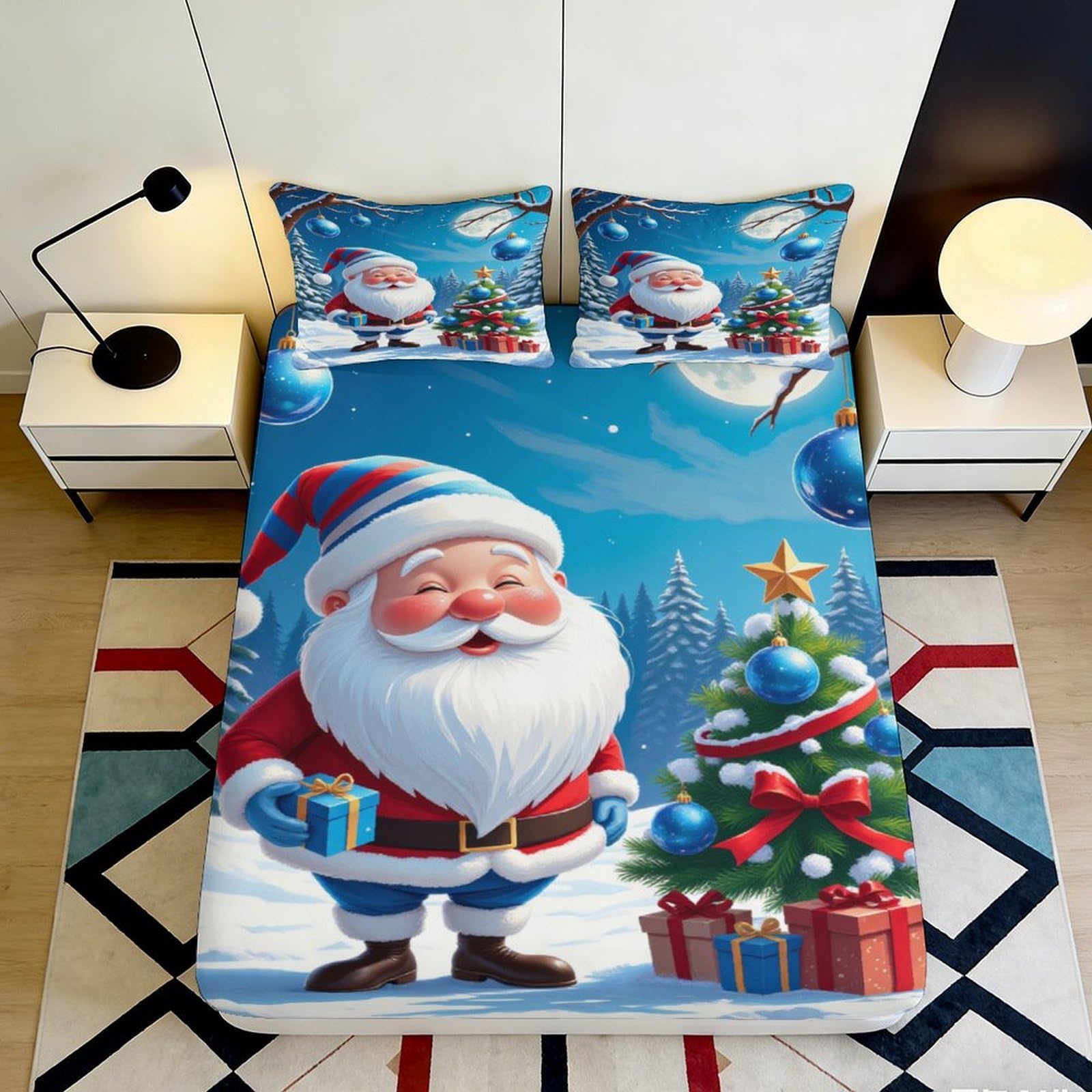 3D Printed Santa Claus Christmas Tree Fitted Sheet Microfiber Soft Bed Sheet for Bedroom Guest Room Decor 90x200x25cm