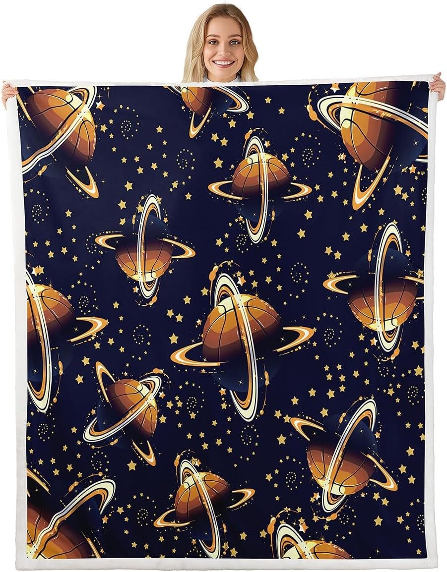 Cool Basketball Fleece Blanket,Golden Stars Planet Galaxy Blue Fuzzy Blanket for Children Present,Ball Games Sports Theme Lightweight Polyester Sherpa Blanket for Sofa, Queen (90 x 90 Inch)
