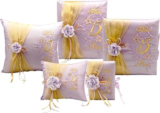 Lassos Boutique 5 Piece Quinceanera Set Mis Quince Set with Kneeling Pillow, Tiara Pillow, Guestbook, Photo Album, Spanish Bible, My Sweet 15 Decorations (Lavender/Gold with English Bible)