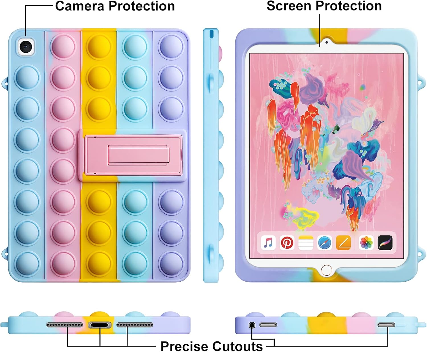 for iPad 6 Generation Case 9.7 with Stand iPad 5 Gen Case Fidget Pop Toys Push It Bubble Soft Rainbow Silicone Protective Cover for Women Kids Stress Reliever for iPad 6TH(2018)/iPad 5TH(2017)