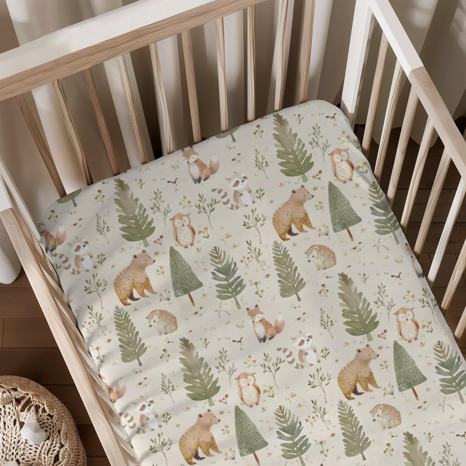 Forest Animals Pattern Baby Sheets for Crib, Unisex Bears Hedgehog Raccoon Trees Nursery Fitted Bed Sheet for Boys Girls Standard Crib and Toddler