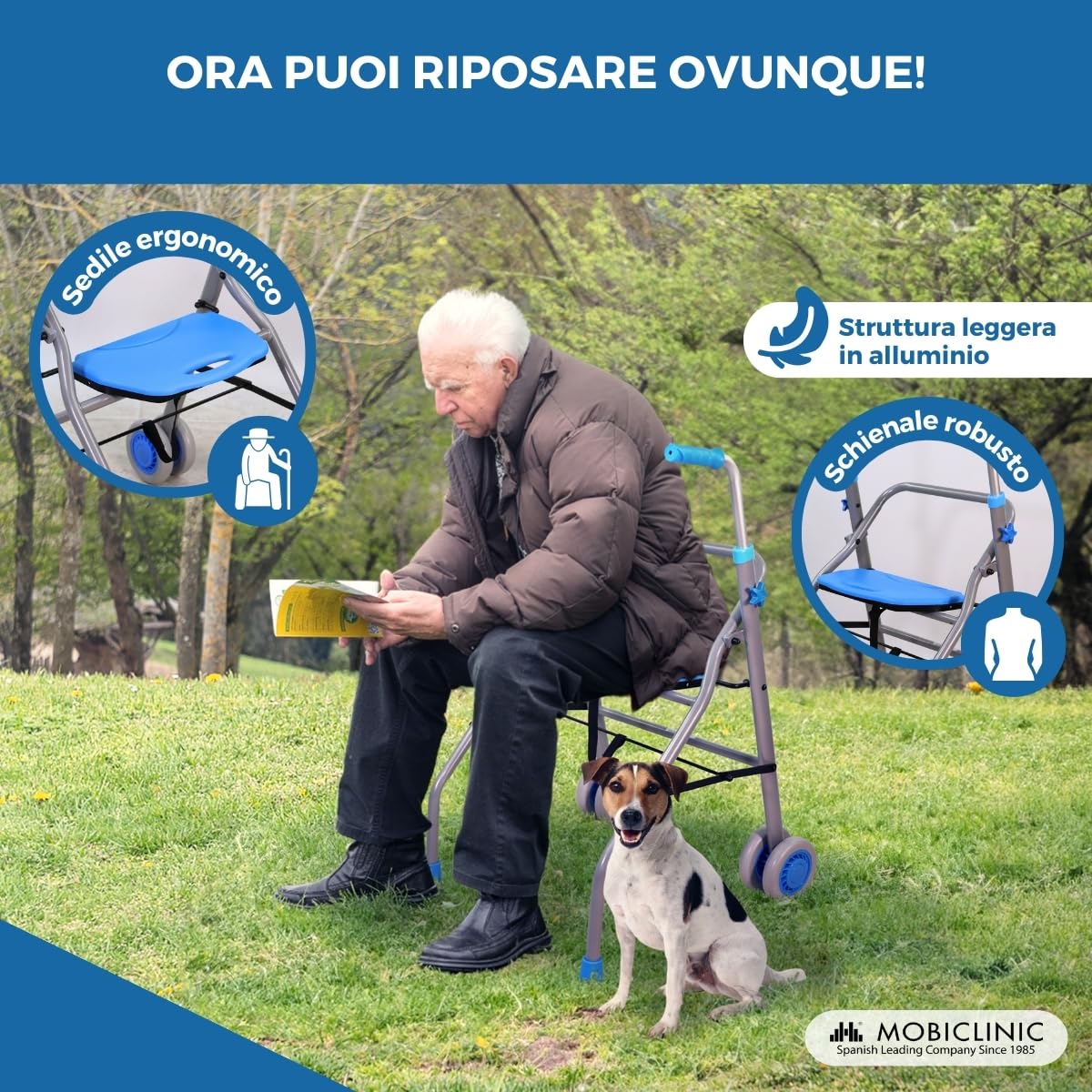 Mobiclinic®, Deambulatore pieghevole, Ultraleggero, Regolabile in altezza, Marchio europeo, Alluminio, Fino a 136 kg, Future, Adulti, Sedile, Schienale e ruote, Design elegante, Colore azzurro