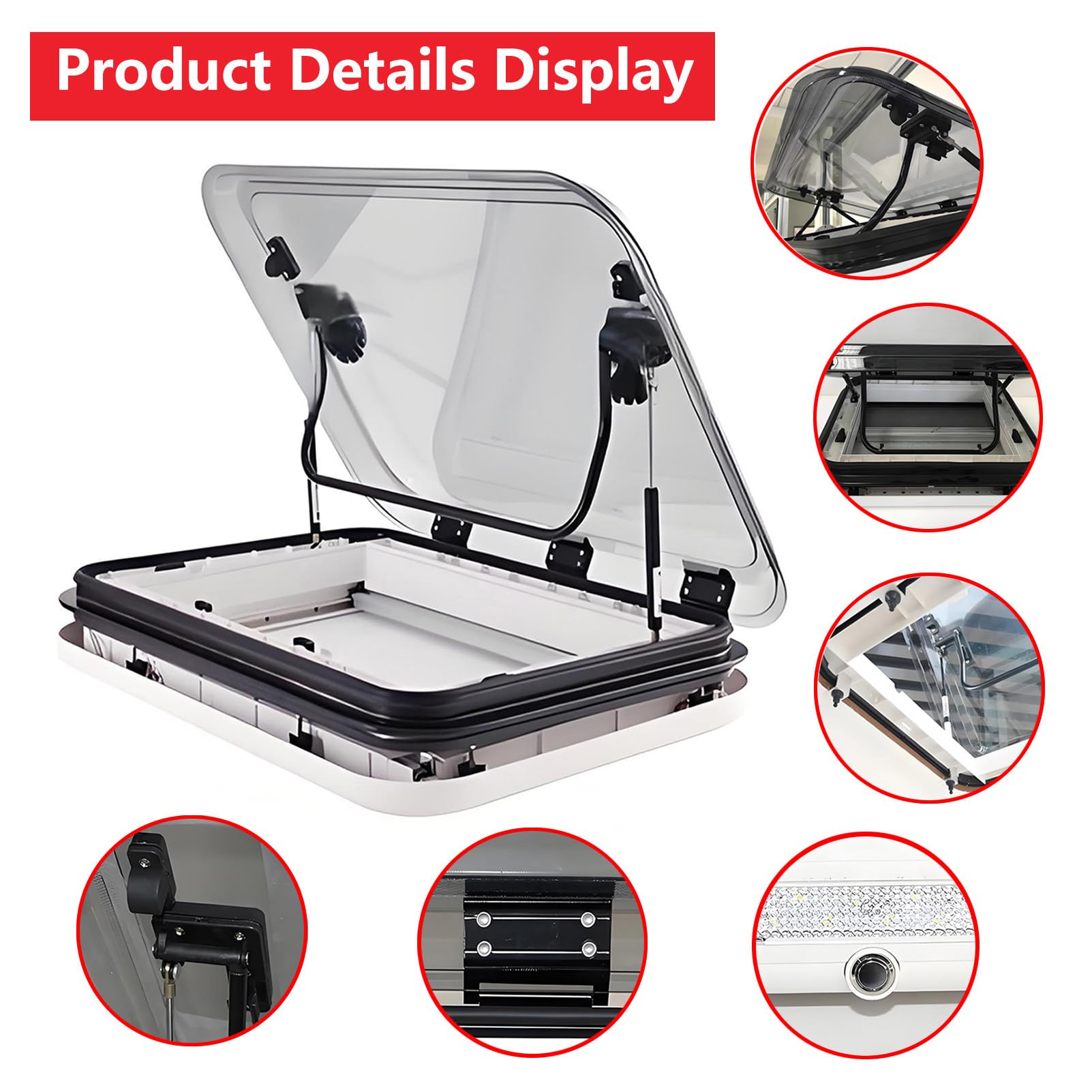 Ventilazione Finestra del Tetto per Camper, Lucernario Roulotte con Illuminazione a LED, Foro 500/700/800x500Mm, Oblò per Tetto con Zanzariera e Parasole, per Furgone Camperizzato 700 * 500mm