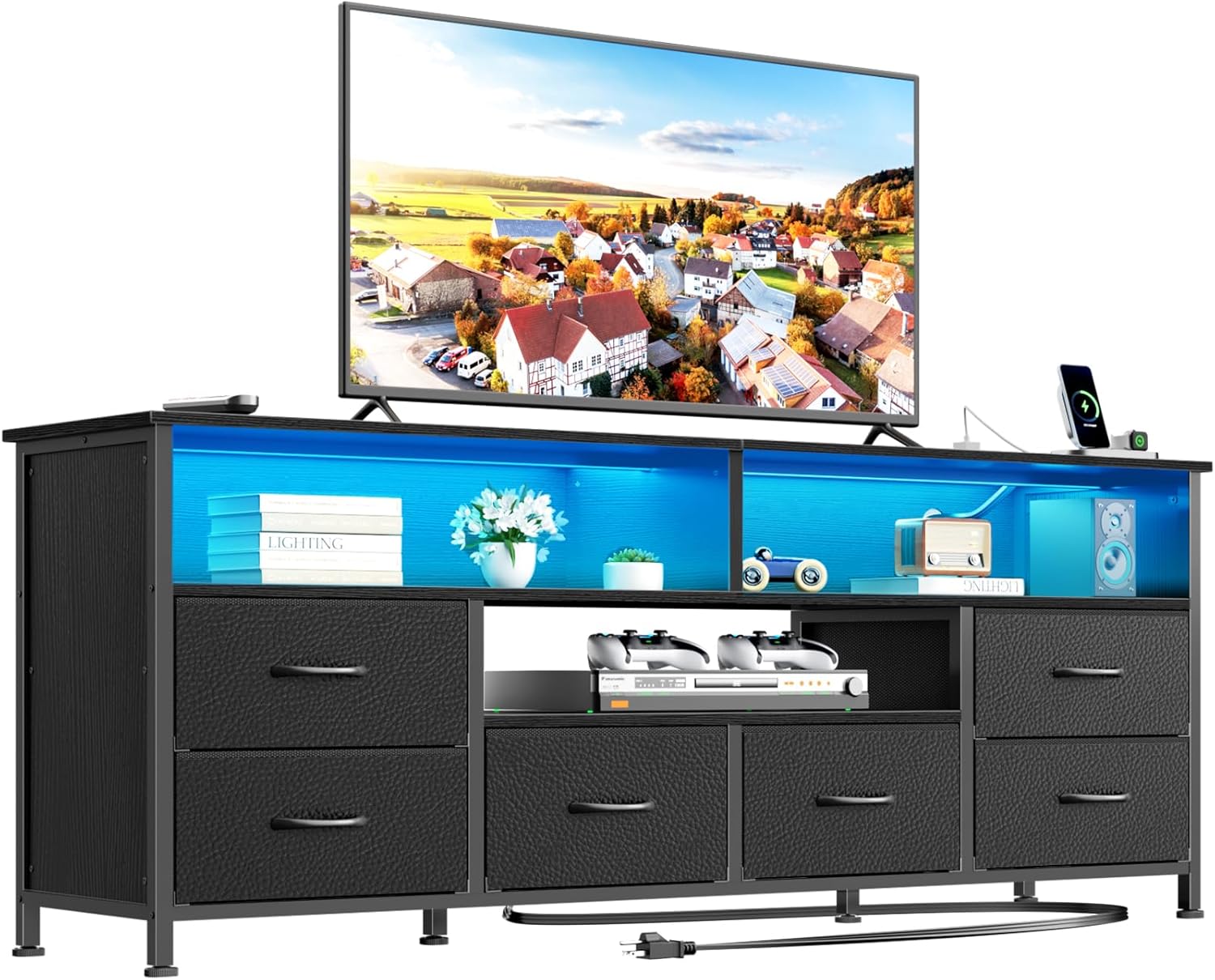 Furologee 55" LED TV Stand for Bedroom, Entertainment Center with 6 Fabric Drawers for 50 55 60 Inch TVs, Dresser TV Stand Console Media Table with Power Outlets for Living Room, Black