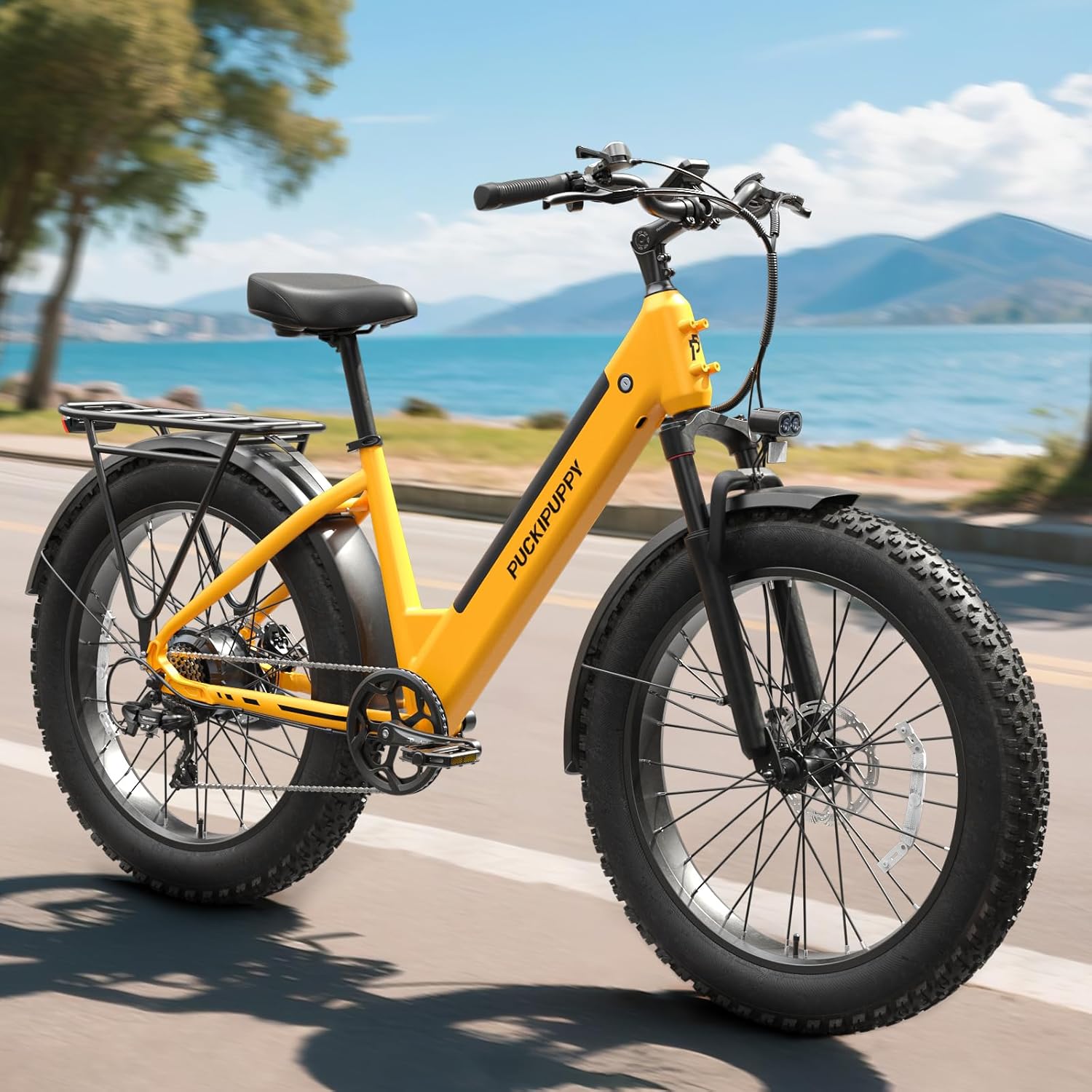 PUCKIPUPPY Electric Bike for Adults, 28MPH Commuter E-Bike, 48V 15AH Removable Battery Electric Bicycle, 7 Speed, All Terrain 26" Fat Tire Front Suspension, Up to 60 Miles, Samoyed