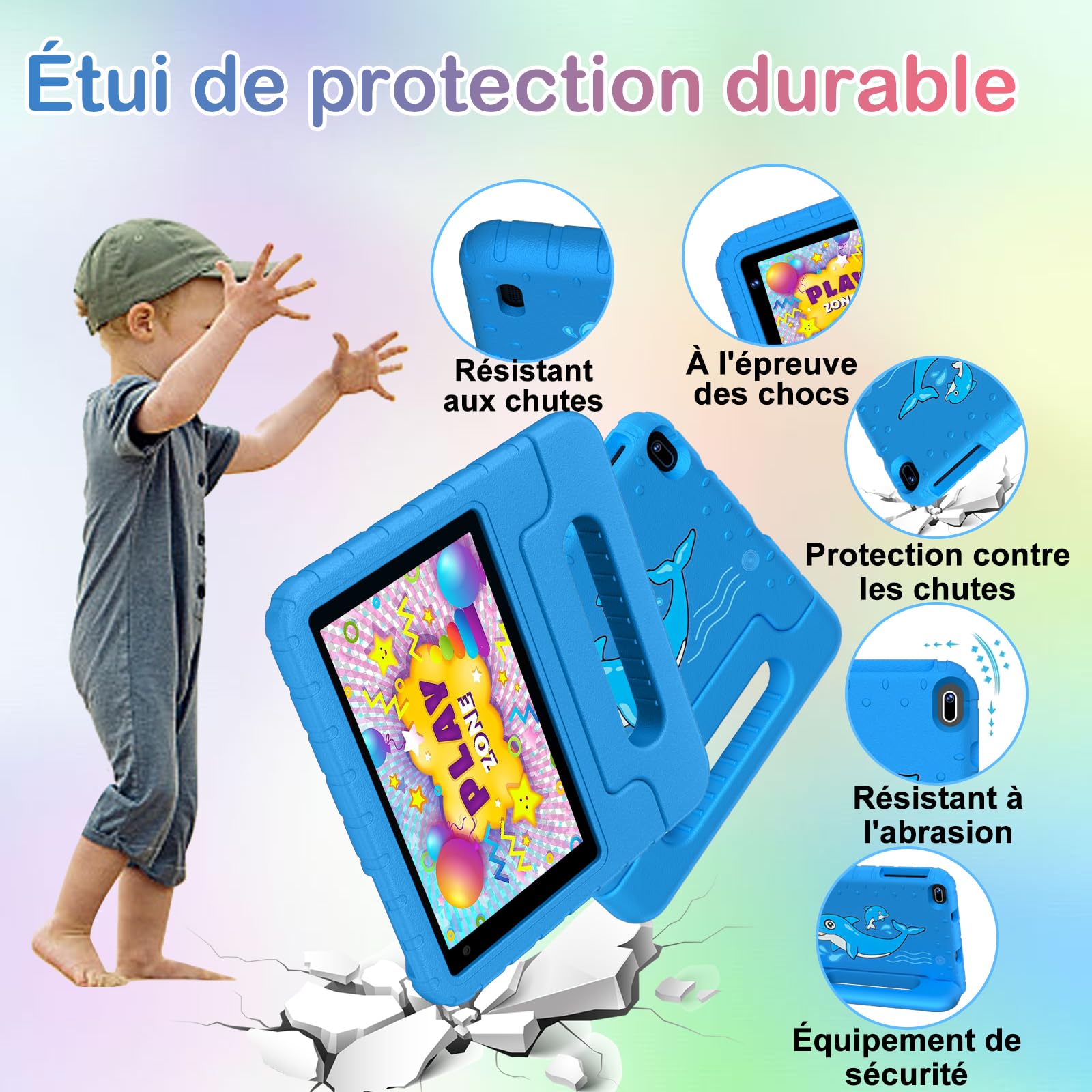 Tablette pour 7 Pouces Android Tablette Enfants avec 10GB+64GB(TF 1TB),Kids Tablette Tactile Octa-Core,Éducative Apps Pré-Installé,Contrôle Parental, WiFi 6, BT5.0,Cas EVA - Bleu