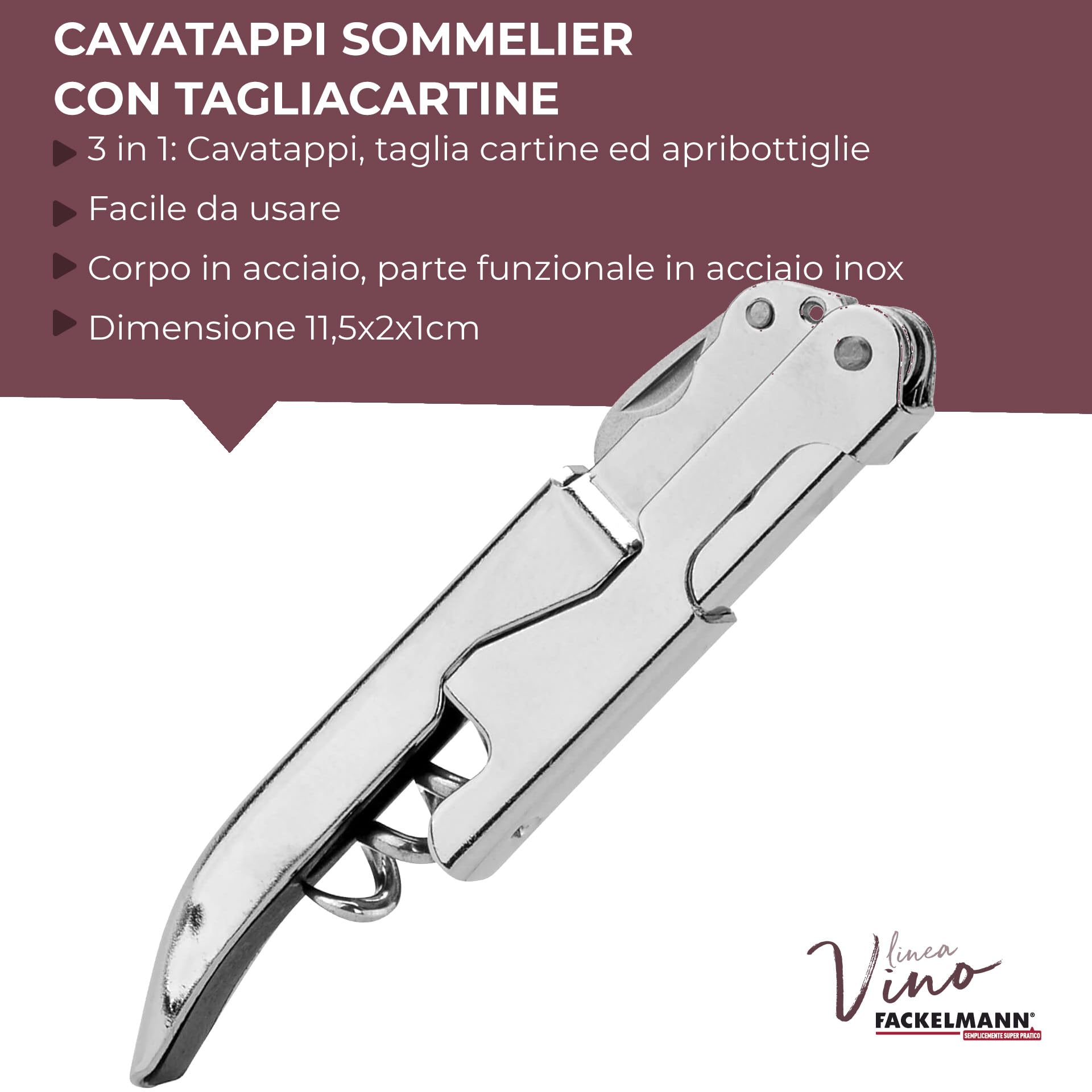 Fackelmann Super Cavatappi Sommelier con Lama Taglia Capsule, Acciaio Inox, Argento
