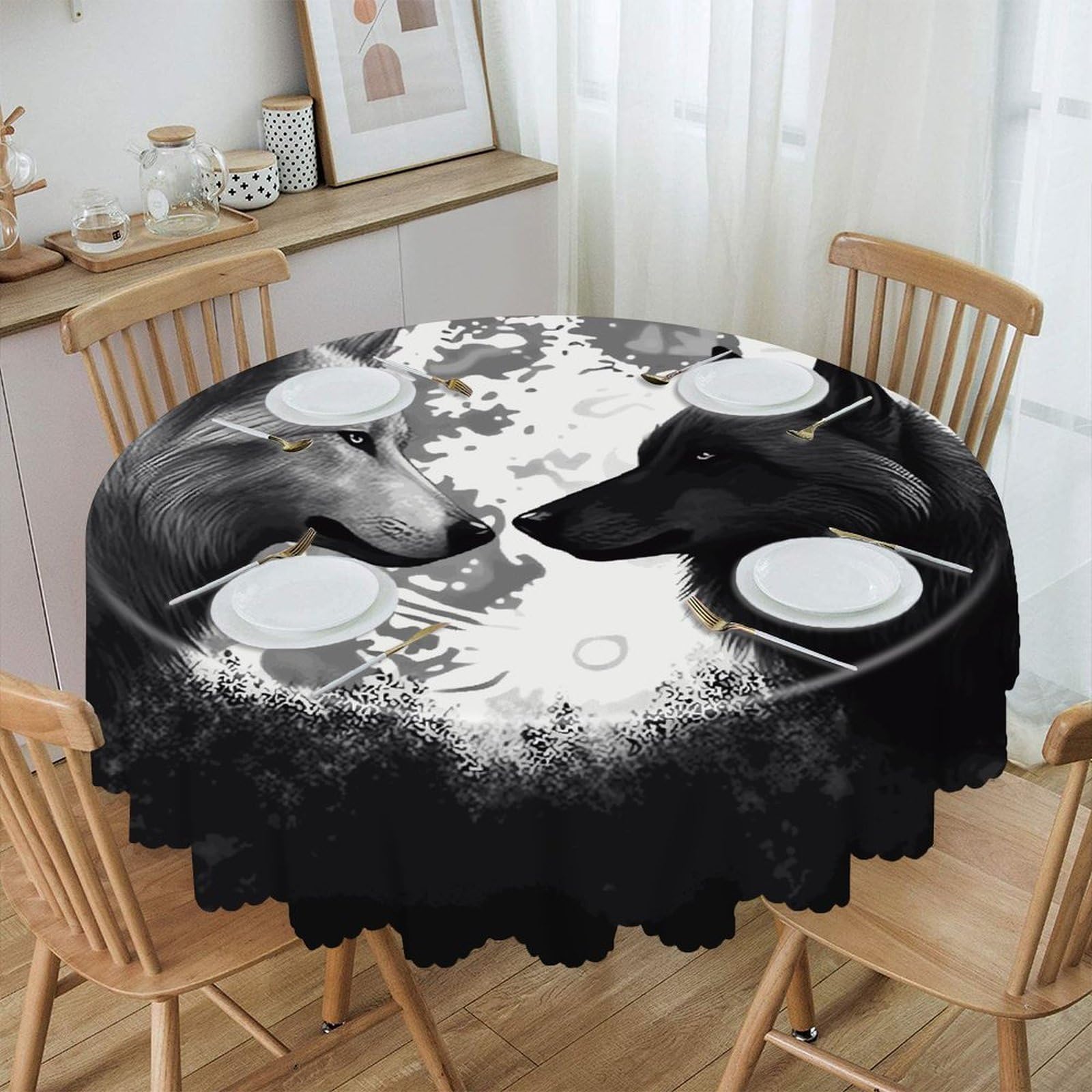 VstaDank Wolves Love Under The Moon Wild Animal Round Tablecloth 60 Inch Easy to Clean Circle Table Cover Thick Decorative Round Polyester Table Cloth for Dining Kitchen Party Farmhouse Outdoor