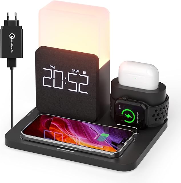 3 in 1 Wireless Charging Station, Wireless Charger, Alarm Clock with Wireless Charging, Night Light, Charging Station for Apple Devices iPhone 14/13/12/11/Pro/Pro Max/Mini/XS/XR/X/8/Plus 18W Adapter