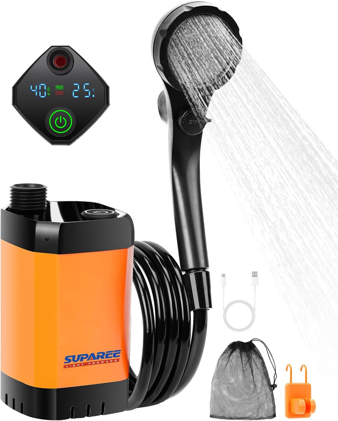 SUPAREE Camping Showers Portable Electric Outdoor Portable Shower USB Travel Shower Rechargeable with Intelligent Digital Display & 6000mAh Battery for Hiking, Cleaning, Watering, Washing