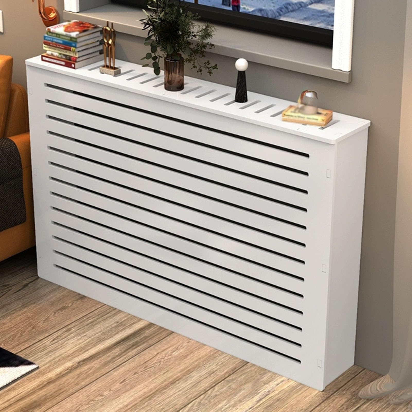 Ocultar radiador salón con este mueble cubre radiador estrecho y estante de 70 x 80 cm