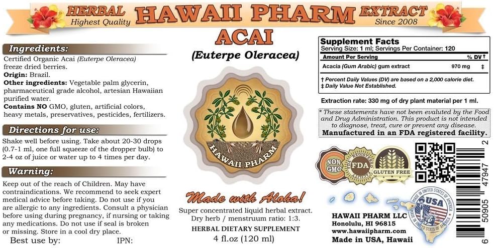 Hawaii Pharm Acai (Euterpe Oleracea) Liquid Extract 4x4 oz