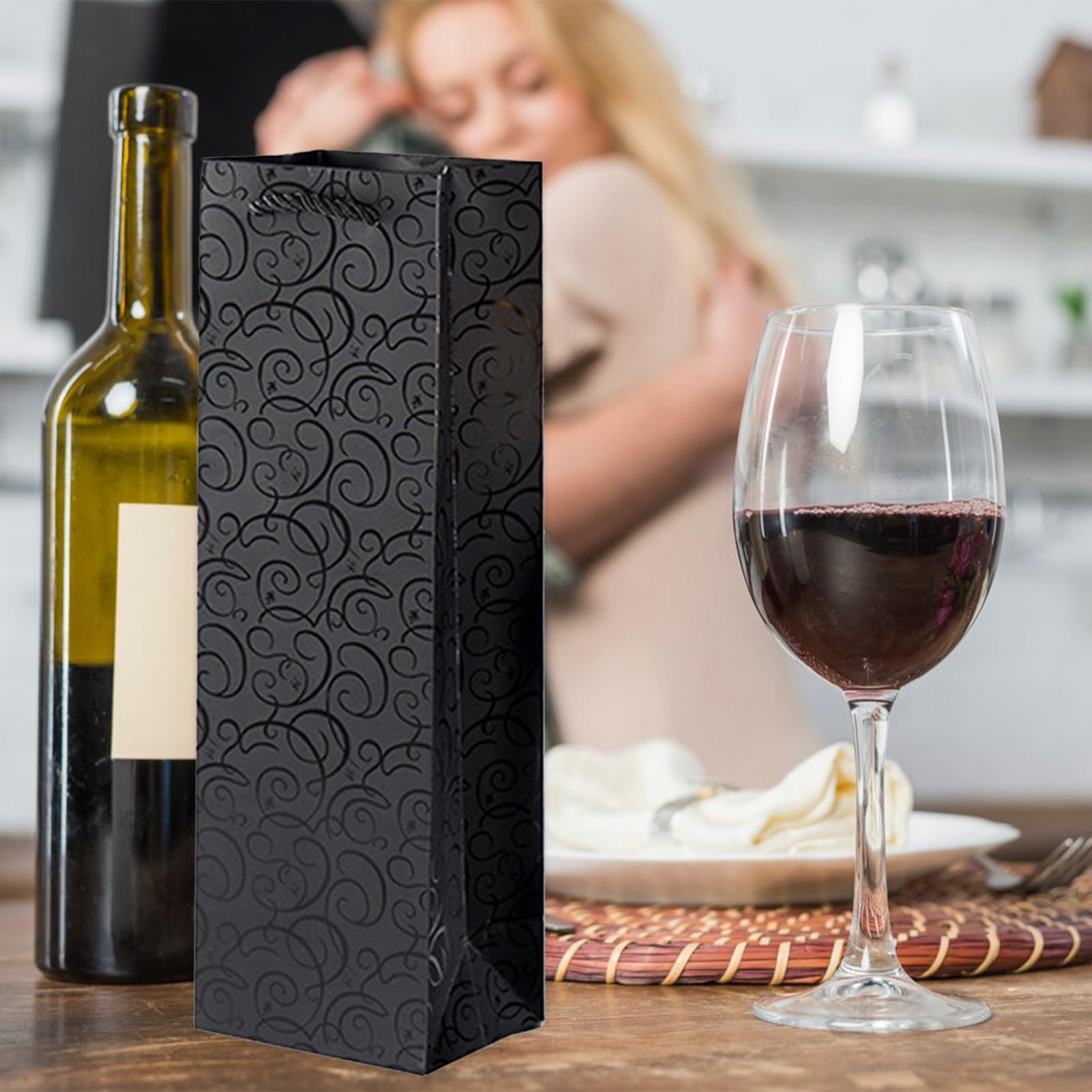 12 Sztuk/36 Sztuk Czarne Torby Papierowe na Wino, 13,78 X 4,53 Cala Zestaw Papieru do Pakowania Torby na Wino z Uchwytami Butelki Szampana Torby Wzorzyste Torby na Wino z