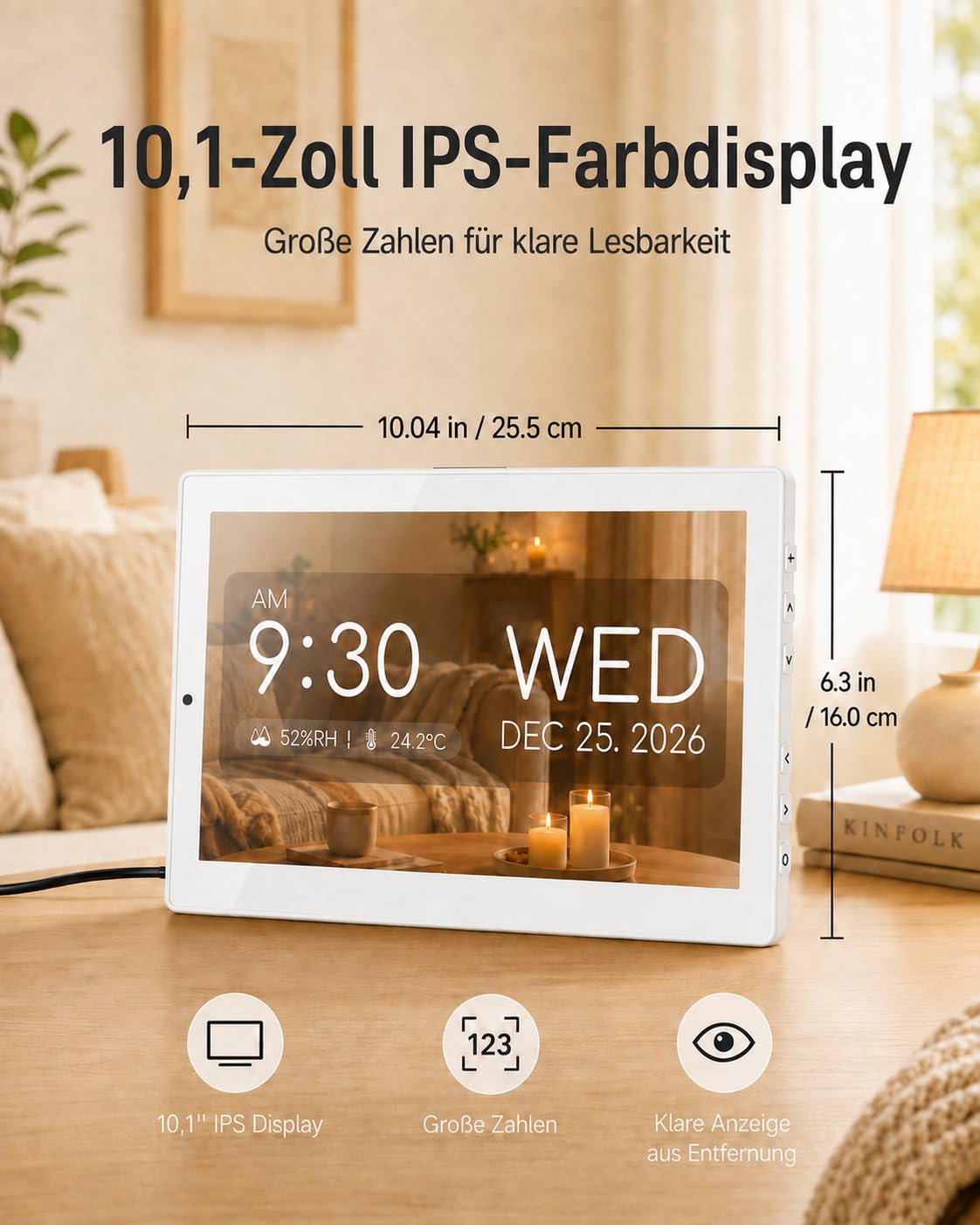Roxicosly 10.1' Digitaler Kalender, Digital Uhr mit 20 Alarmen & Erinnerungen, 12 Themen, 12/24HTemperatur & Luftfeuchtigkeit, Dimmbar & 6 Sprachen, DST, USB & SD, Wecker Digital für Senioren