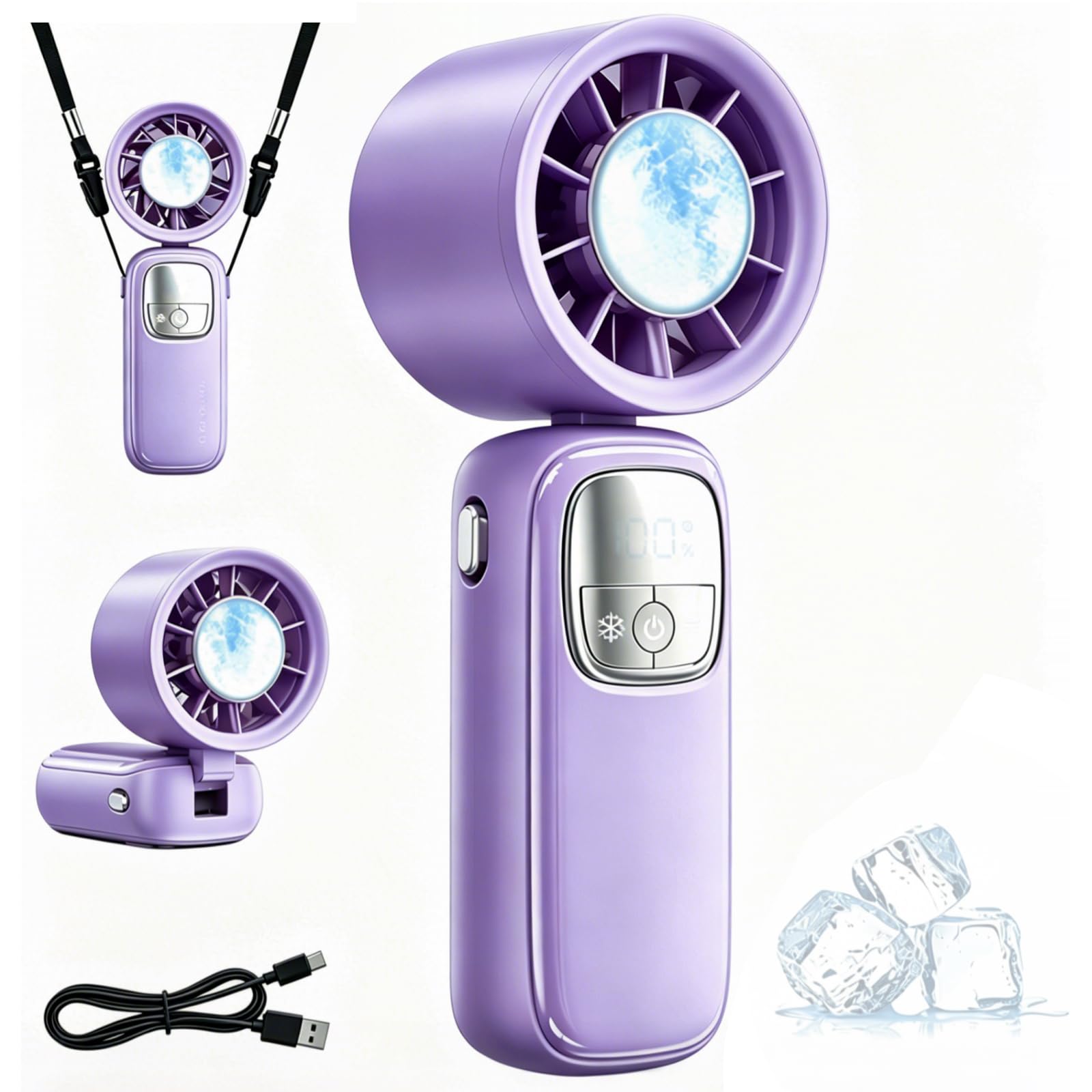 Audasi Handheld Fan, Portable Fan with Ice Cooler 3-in-1 Hand Neck Desk Foldable Design LED Display USB-C Rechargeable 5 Turbo Speed Modesfor Travel Makeup Outdoor Indoor Office Gifts