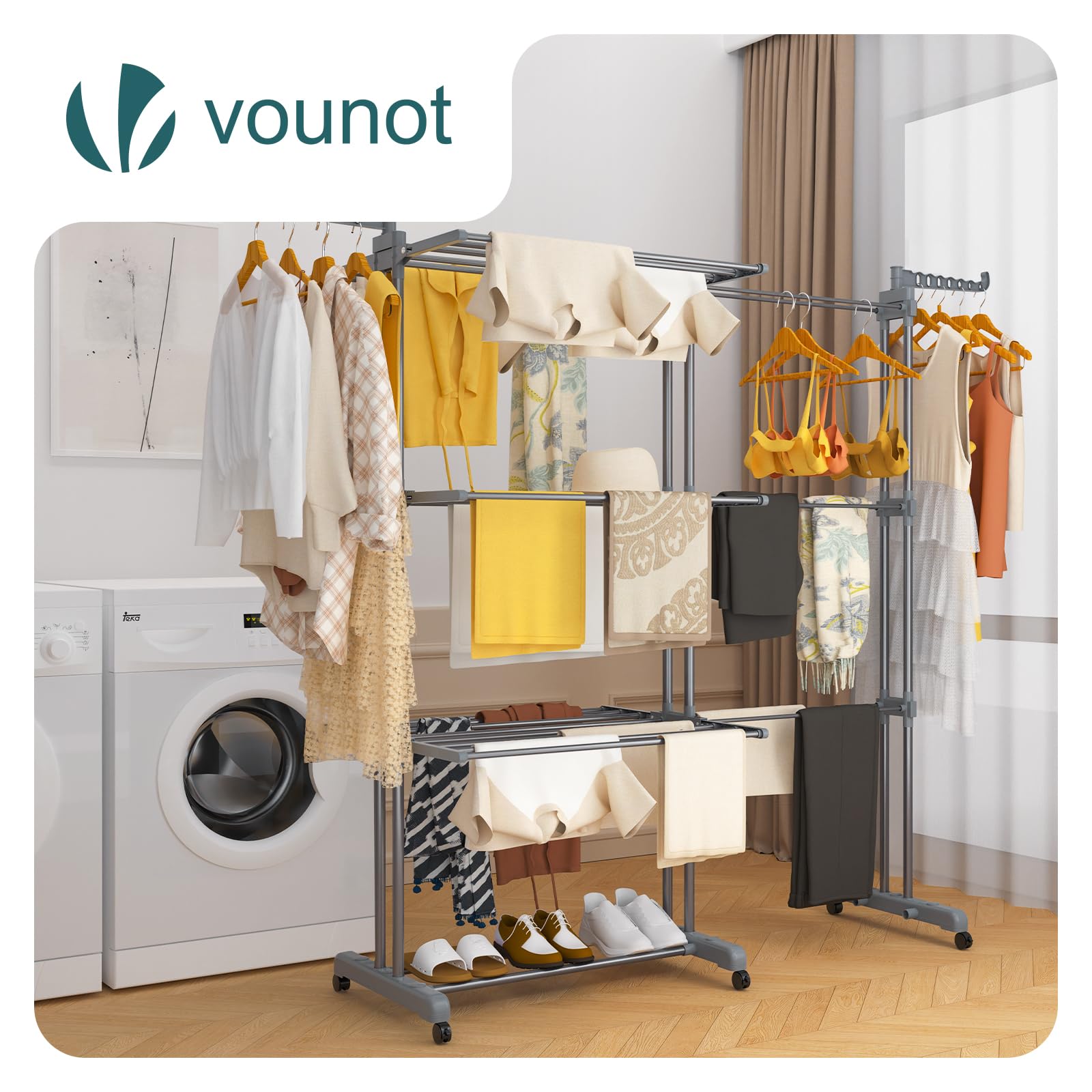 VOUNOT® Stendino Verticale Allungabile a 4 Livelli 190x64x170 cm, Stendibiancheria Grande Capacità Pieghevole con Ruote e Ali Laterali Multifunzionali, per Interno ed Esterno, Grigio