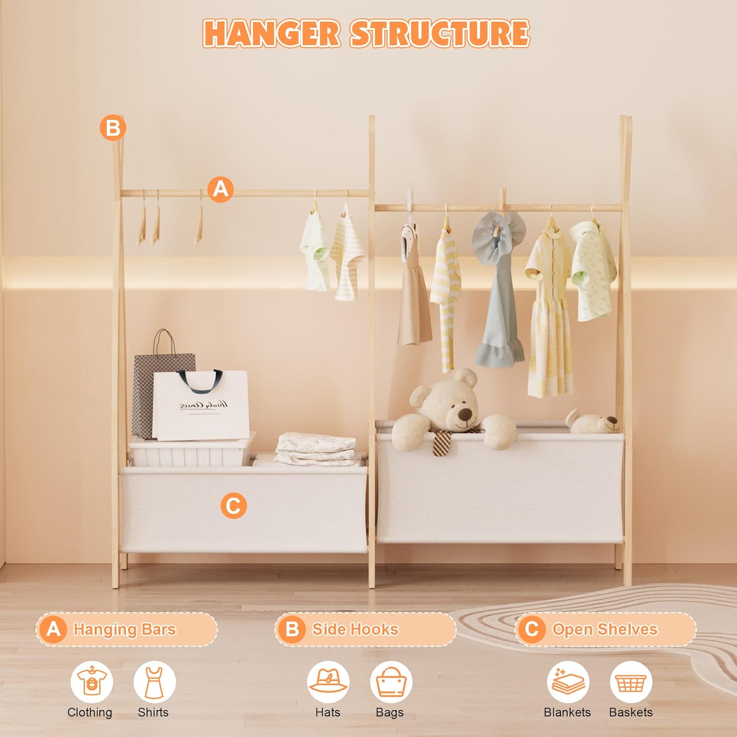 Kids Clothing Rack Dress Up Storage Closet for Girls Baby Garment Wardrobe Toddler Costume Closet with Double Hanging Rod Wood 2 Tier Bottom Storage Shelves (Double Row with Two Storage Boxes)