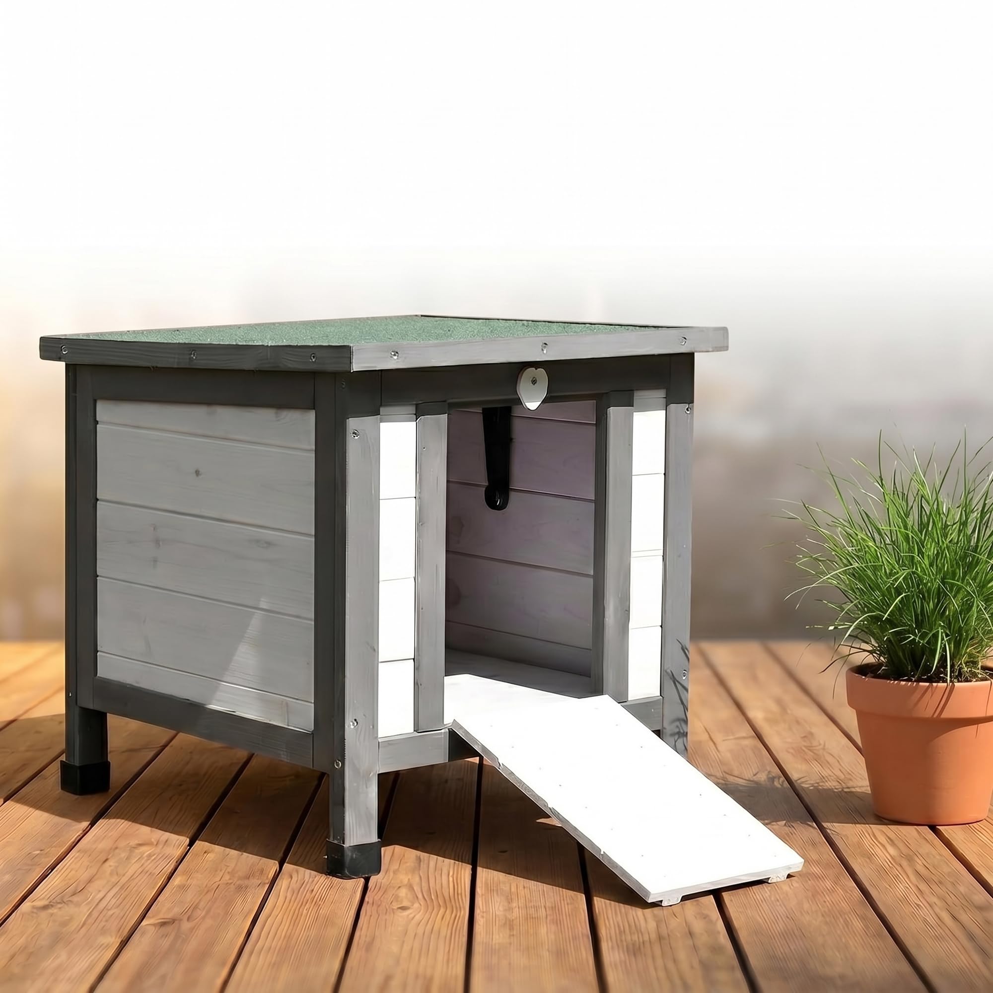 Mucola Katzenhaus Winterfest mit klappbarem Deckel und Rampe 50x45x43cm Katzenhütte Outdoor Wurfkiste Holz Katzenhöhle Katzenschlaftplatz
