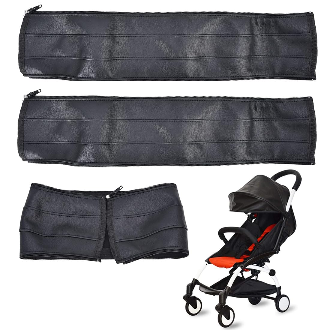 2pcs Cubierta Barra Cochecito Bebé,Funda Manillar Carro Bebe,Asa Extraíble con Cremallera de Piel Sintética,Cubrecapazos Universal,Protectores para Manillar de Cochecito,Para Mayoría Cochecitos Negro