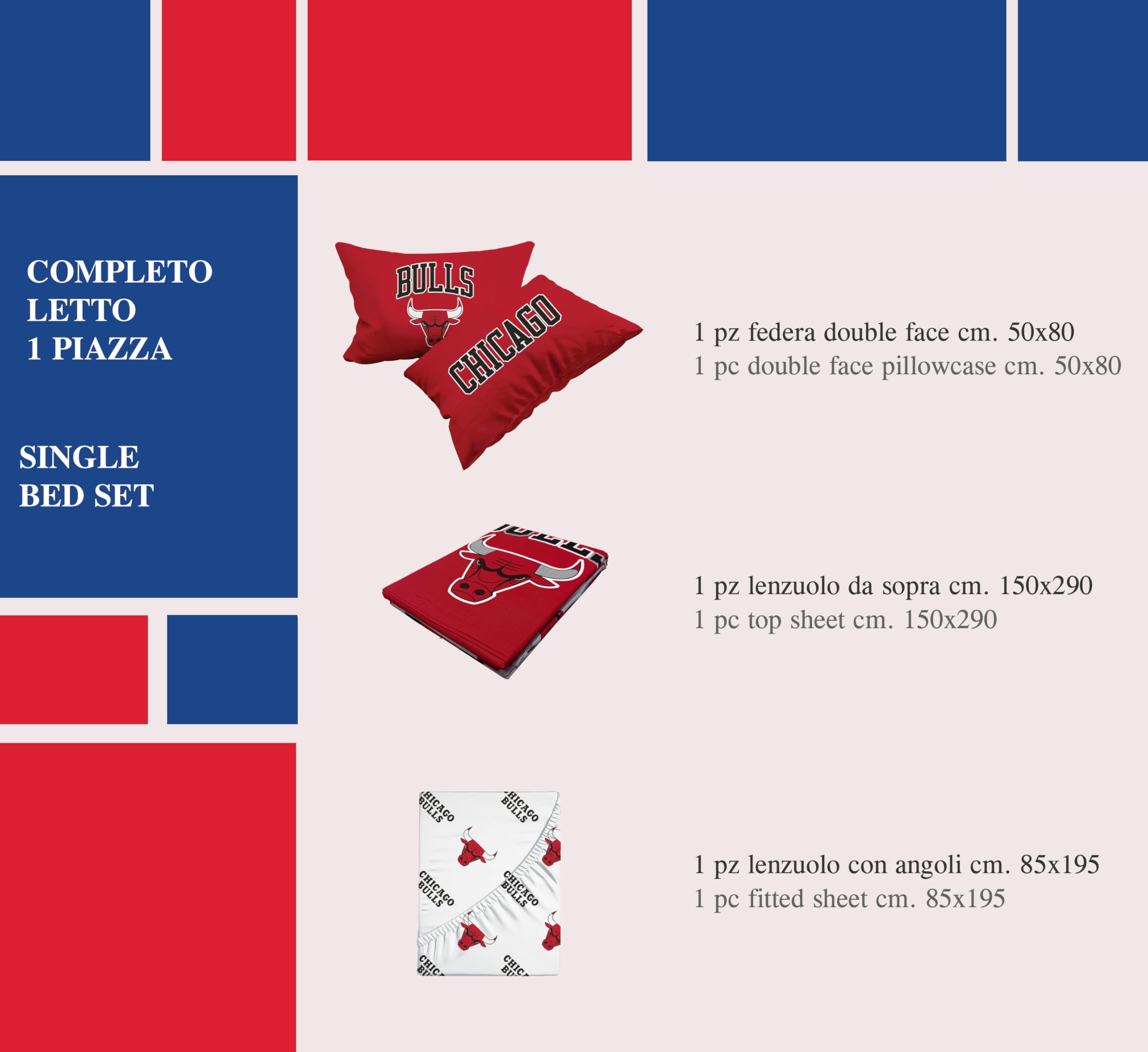 hermet NBA Bettwäsche-Set für Einzelbett, Bettlaken, Spannbetttuch, Kissenbezug, 100% Baumwolle, Bulls, offizielles Produkt
