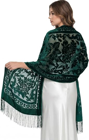 Glitopper Velvet Shawl and Wrap for Evening Dresses Formal Shawl | Women Velvet Evening Wrap, Lace Rose Scarf Shawl, Wedding Guest Bridal Dress Accessories, Black, Green, Burgundy, Navy Blue