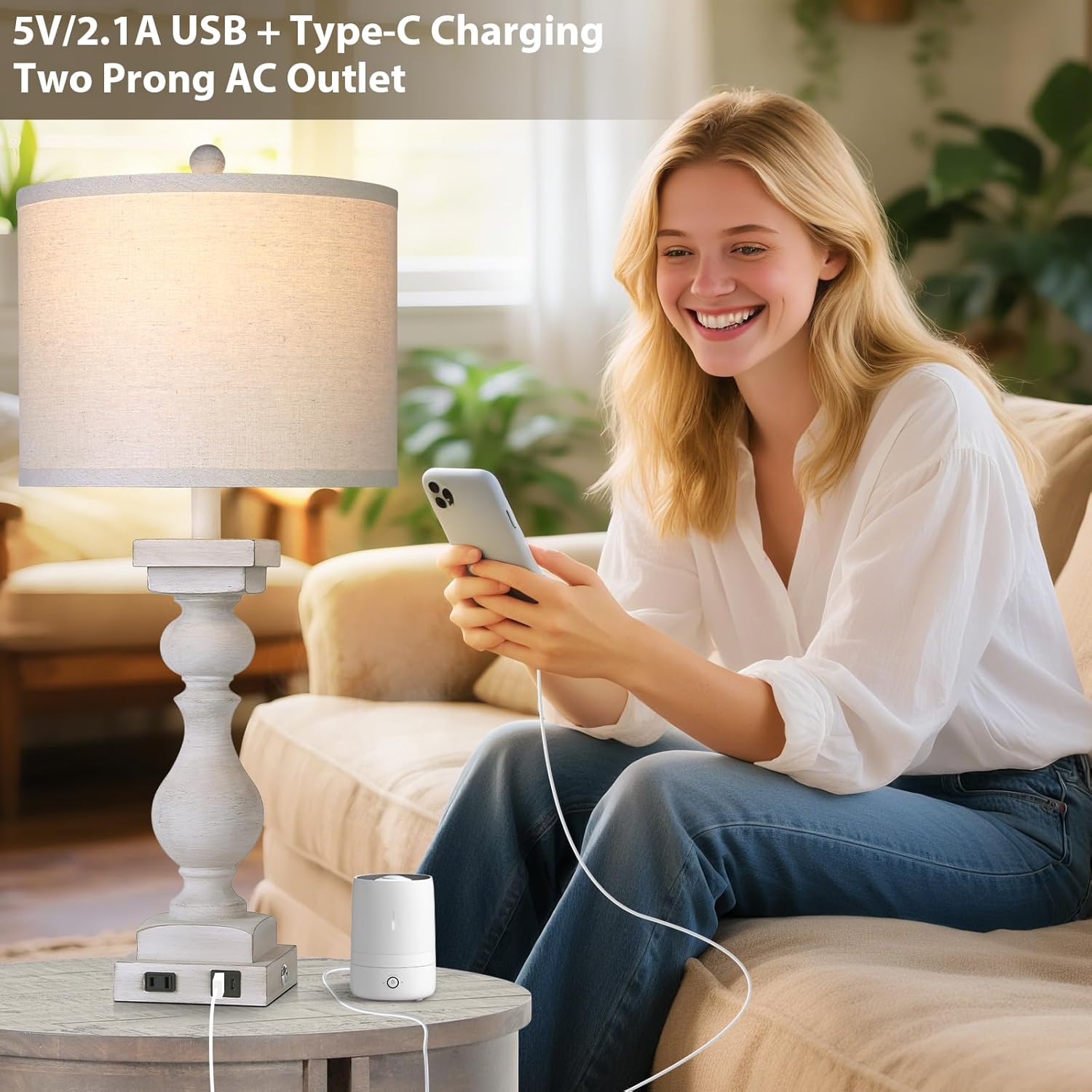 28" Tall Farmhouse Table Lamps Set of 2 with USB A+C Ports and AC Outlet, 3 Way Touch Rustic Bedside Lamps for Living Room, White Vintage Lamps for Bedroom