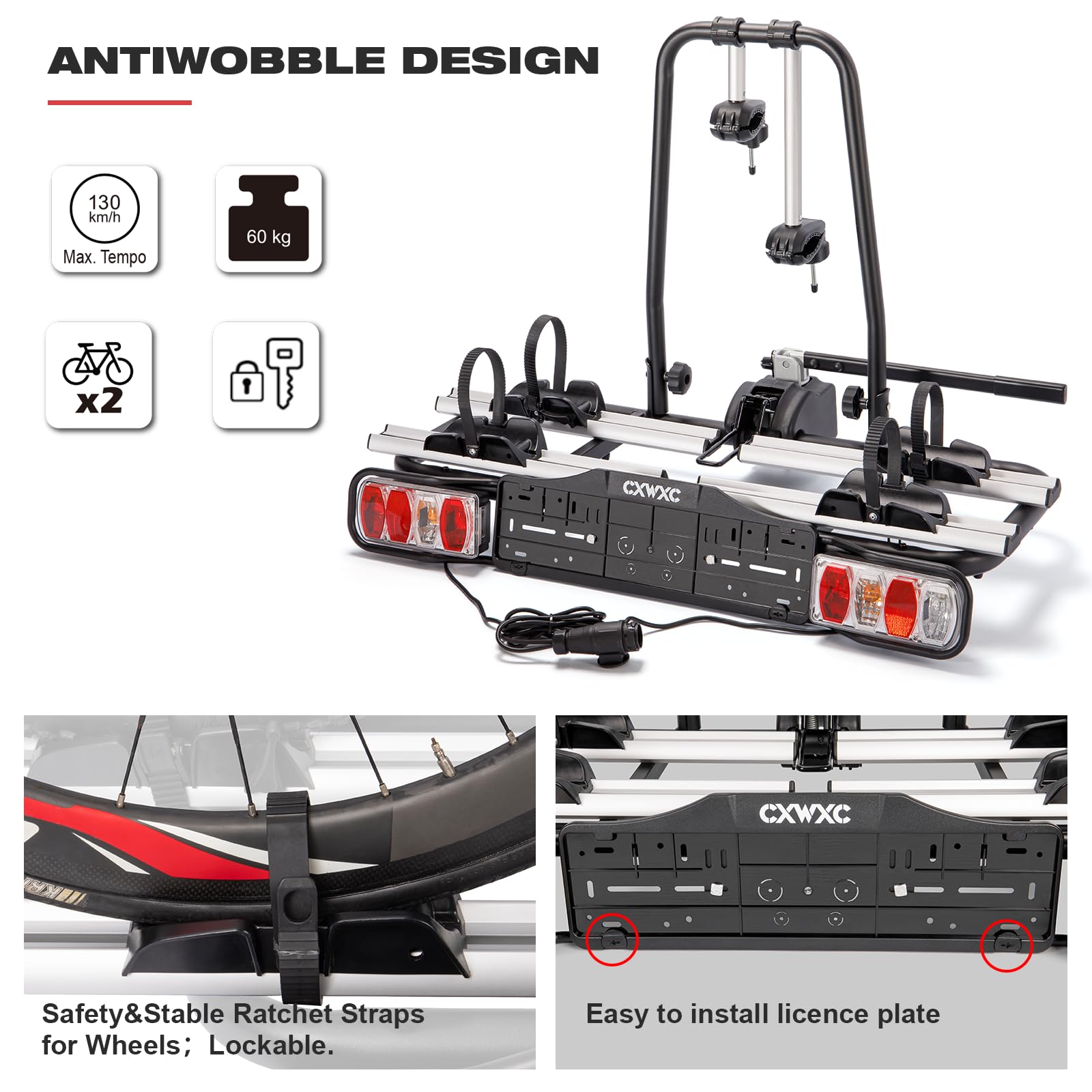 Portabicicletas para Enganche – Soporta e-Bikes y Bicicletas estándar (2 plazas), Cierre de apriete rápido, Sistema 13/7 Polos, Universal, aerodinámico, 60 kg de Carga máxima