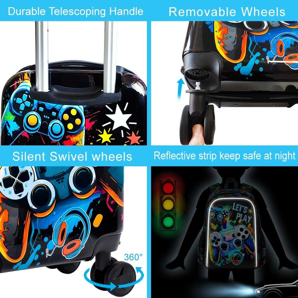 5PCS Kids Suitcase Set, Airline-Approved Carry-On with 360° Spinner Wheels, Cute Travel Luggage for Boys & Toddlers - Joyful Game Black