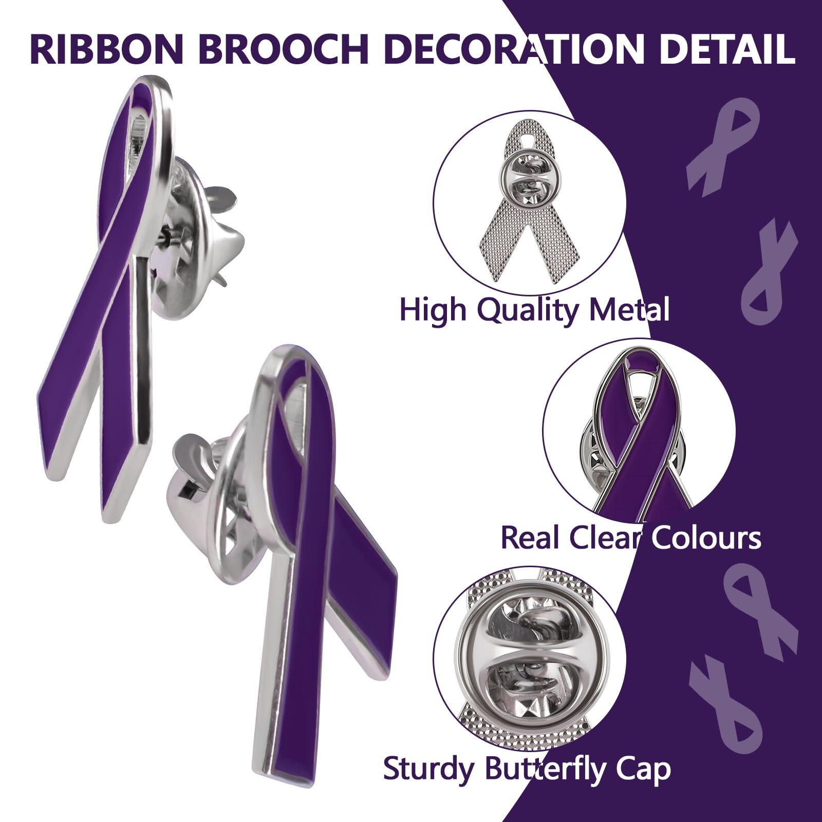 WANDIC 50pcs Purple Ribbon Pins Alzheimer's Disease Awareness Badges Domestic Violence Brooch Memorial Ribbon Pins Badges for Funeral Mourning Event Bereavement Remembrance(3 * 1.8cm) - Image 3