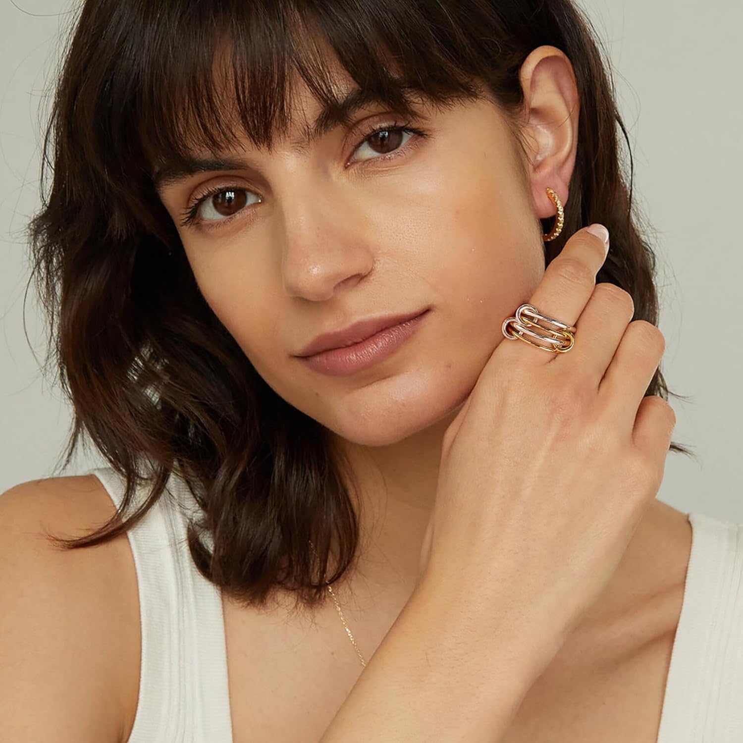 NOKMIT 14K Gold Plated 4 Interlocking Stackable Rings Set with CZ Cubic Zirconia Gold & Silver Mixed Metals Multi-Link Connected Statement Bands for Women Hypoallergenic Non Tarnish Jewelry Gifts - Image 3