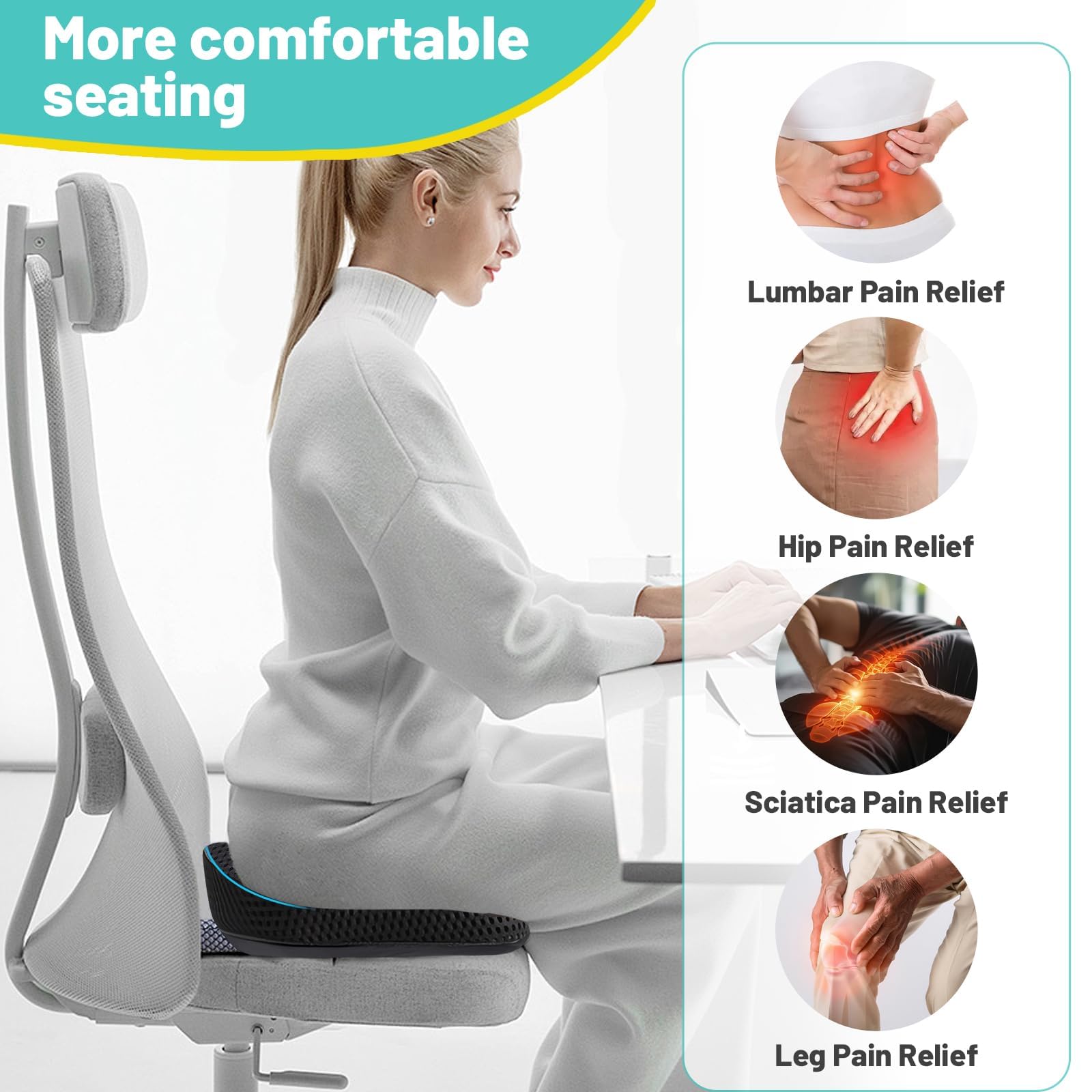 Poduszka kokosowa, poduszka do siedzenia, ergonomiczny uchwyt na krzesło biurowe, pianka z pamięcią kształtu, z antypoślizgową podstawą, odciążająca kość ogonową do samochodu, biura