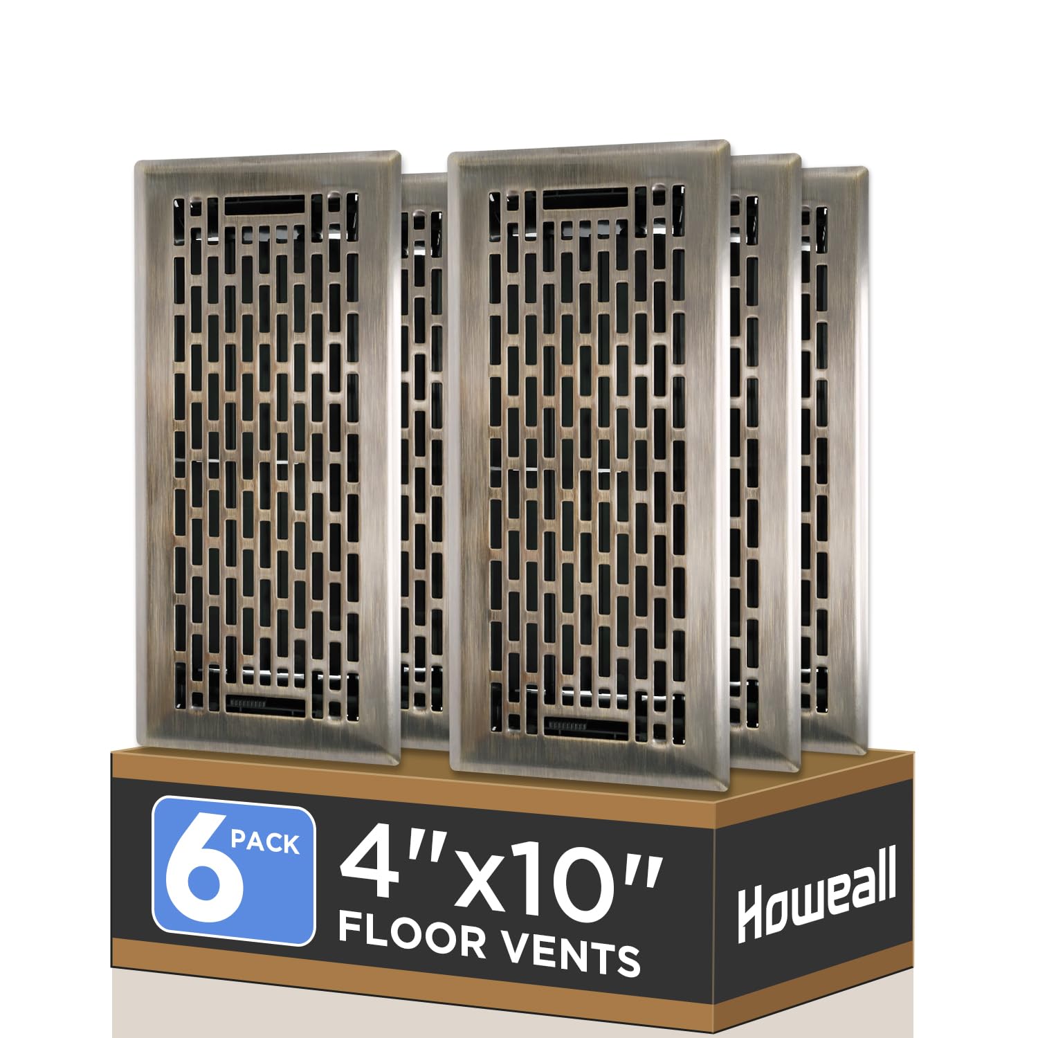 Howeall 4x10 Inches 6 Pack Heavy Duty Walkable Floor Register - Easy Adjust Air Supply Lever Decorative Floor Vent Covers, Boston Design Vent Covers for Home - Antique Brass — image 1