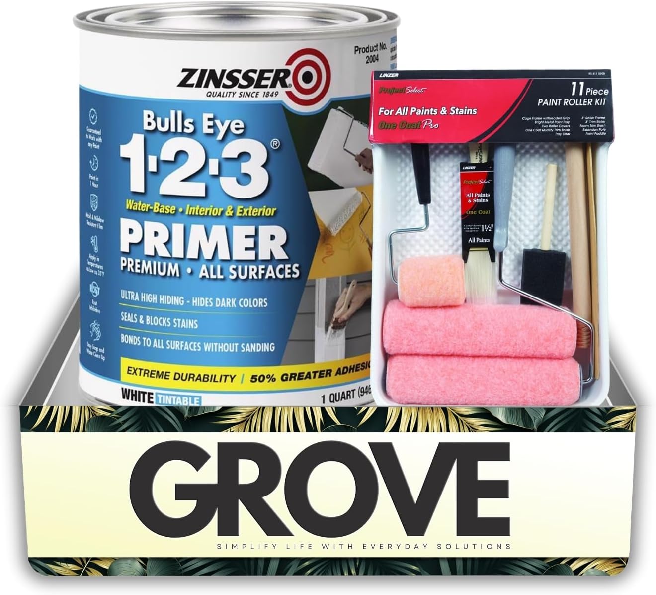 Zinsser Bulls-Eye 1-2-3 White Water-Based Styrenated Acrylic Primer Paint and Sealer 1 qt Bundle with Linzer Paint Roller Kit – Stain Blocking, Surface Sealing & Smooth Application– Gift Set (2 Items)