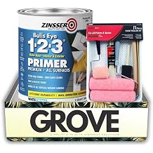 Zinsser Bulls-Eye 1-2-3 White Water-Based Styrenated Acrylic Primer Paint and Sealer 1 qt Bundle with Linzer Paint Roller Kit Stain Blocking, Surface Sealing & Smooth Application Gift Set 2 Items