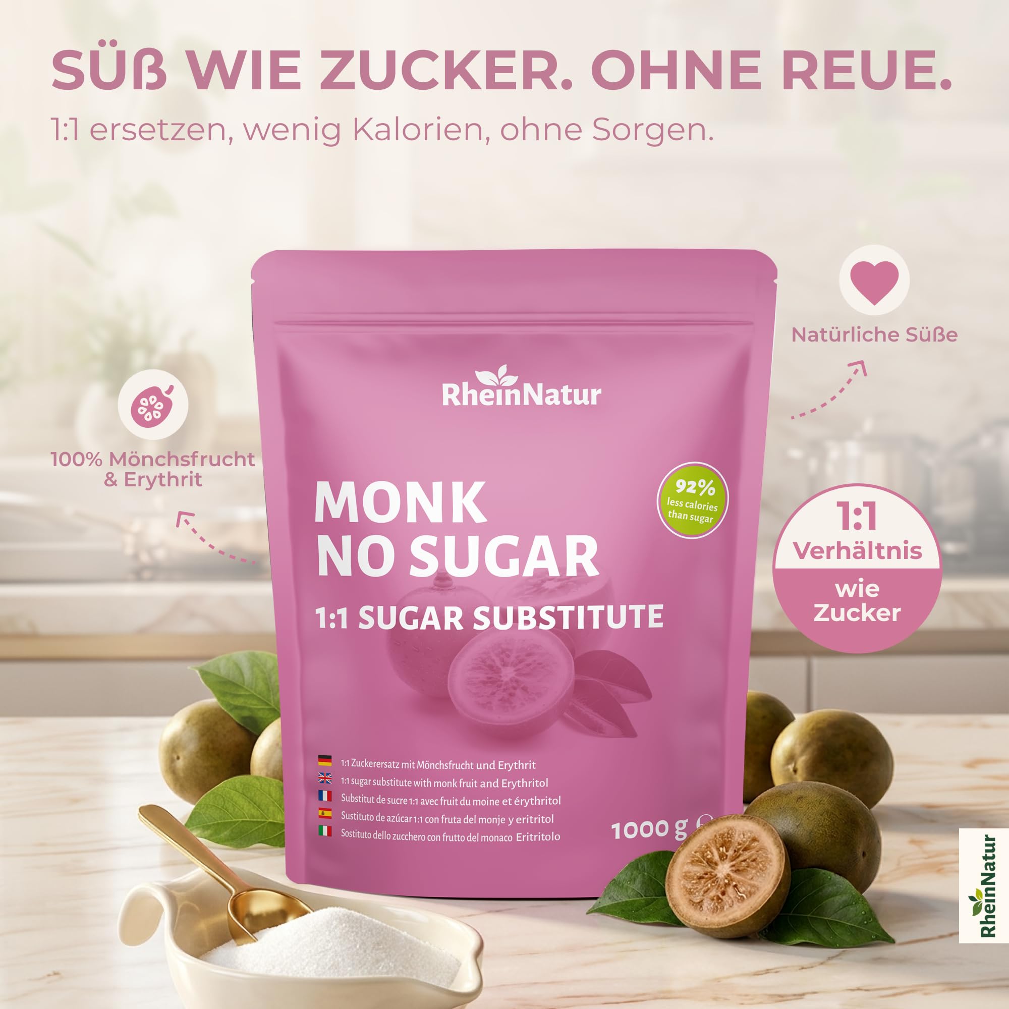 RheinNatur Mönchsfrucht Zuckerersatz 1 kg - 1:1 Ersatz für Zucker aus Mönchsfrucht & Erythrit - Vegan - 1000 g Beutel