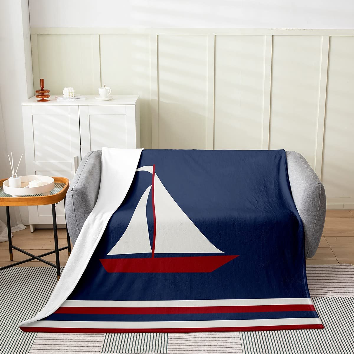 Kids Boat Pattern Flannel Fleece Throw Blanket Nautical Fuzzy Blanket for Bed Sofa Couch Toddler Decor Ocean Themed All Season Bed Blanket Marine Blue Plush Blanket Bedroom Queen 90x90 Inch