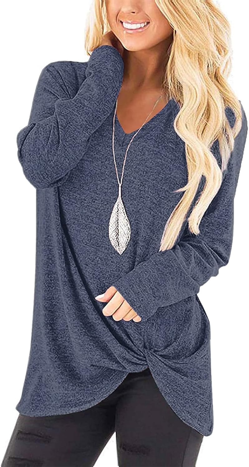 SimpleFun Womens Tops Long Sleeve Shirts V Neck Loose Twist Knot Fall Tunic
